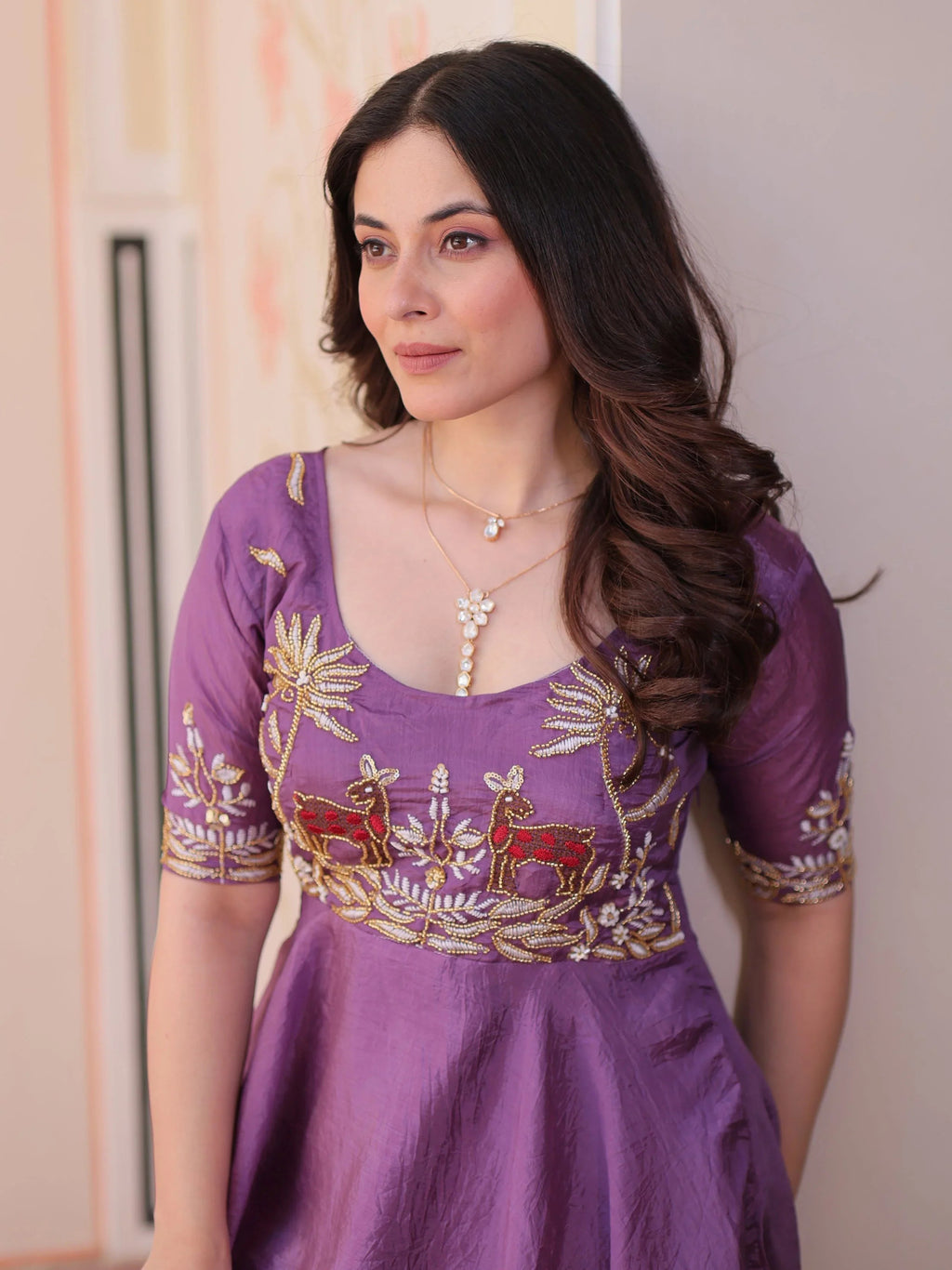 Purple gold crush umbrella flair gown with beads embroidery