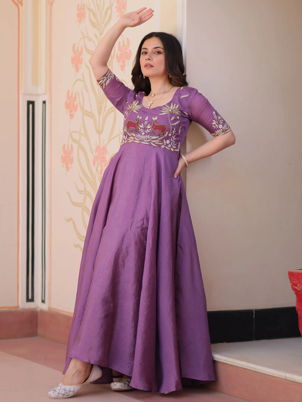 Purple gold crush umbrella flair gown with beads embroidery