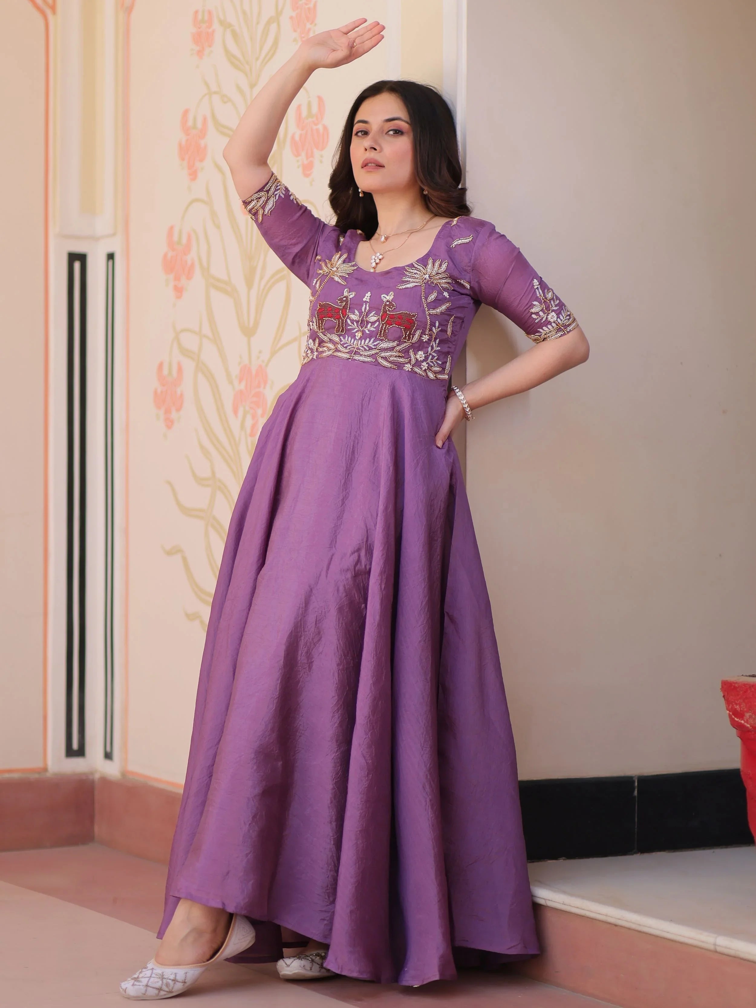 Purple gold crush umbrella flair gown with beads embroidery