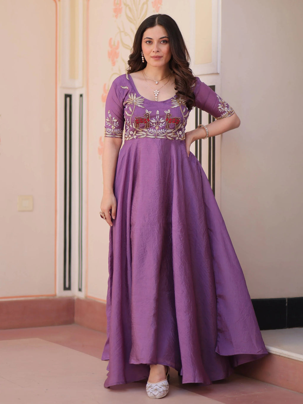 Purple gold crush umbrella flair gown with beads embroidery