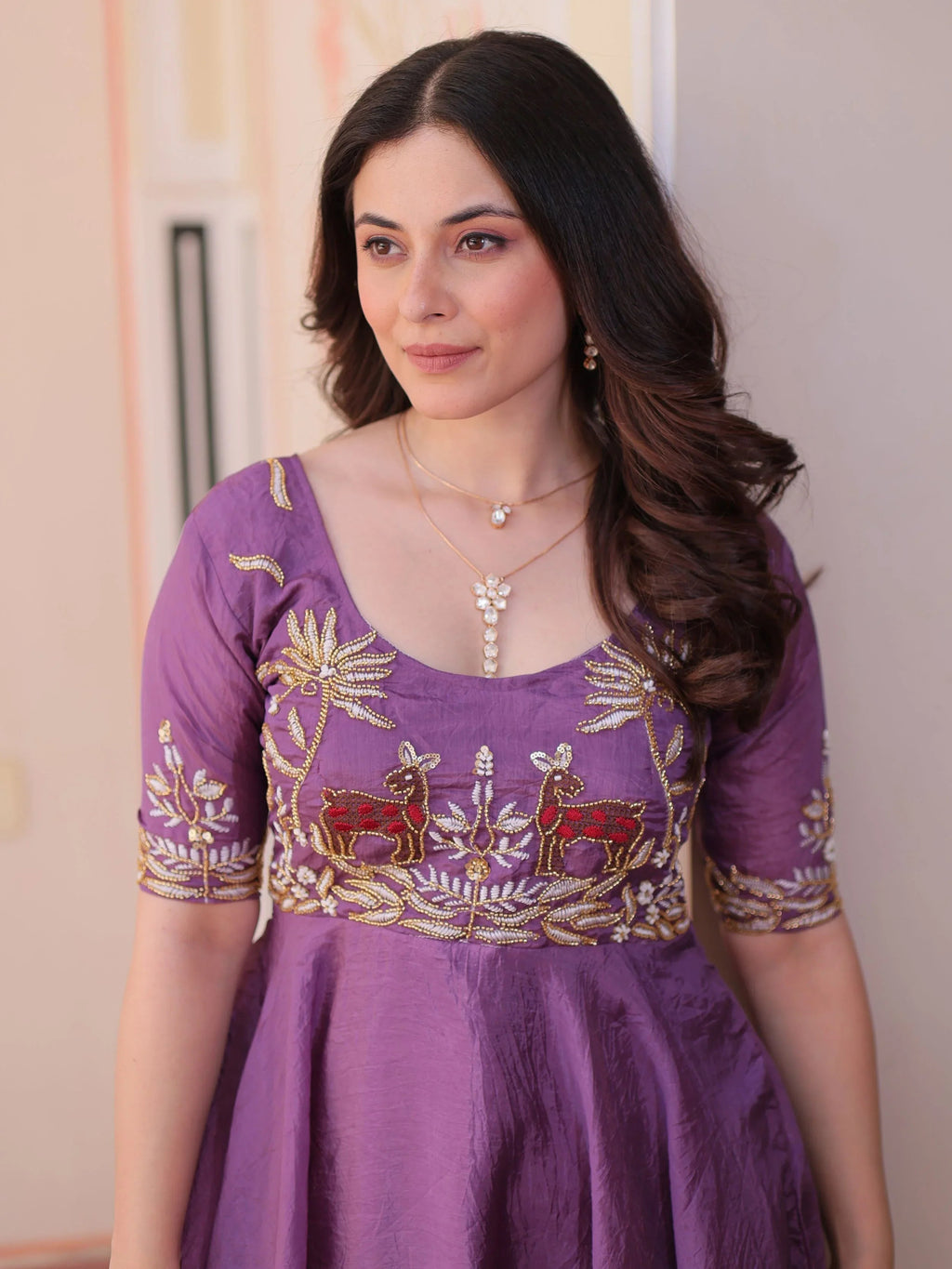 Purple gold crush umbrella flair gown with beads embroidery