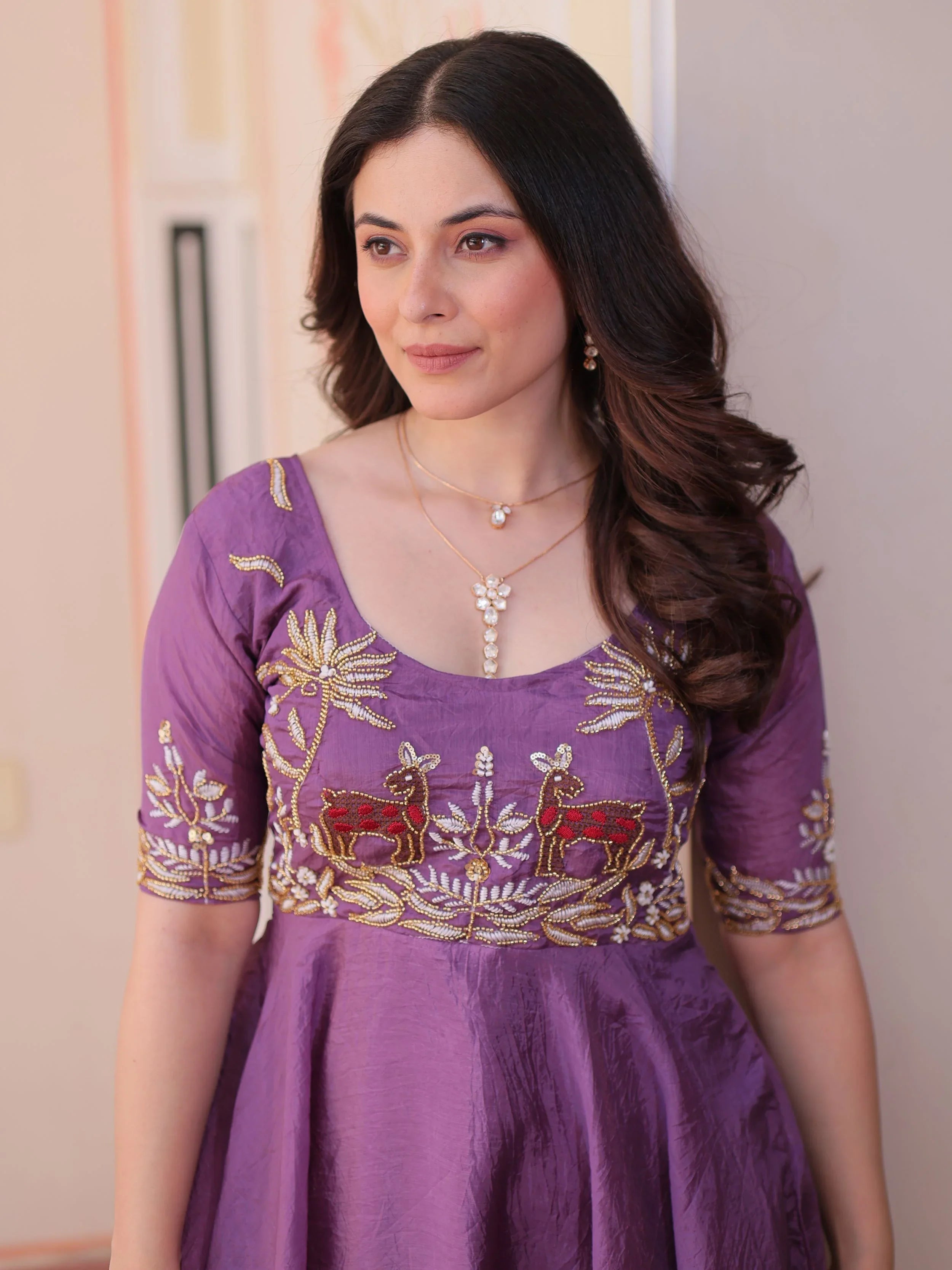 Purple gold crush umbrella flair gown with beads embroidery