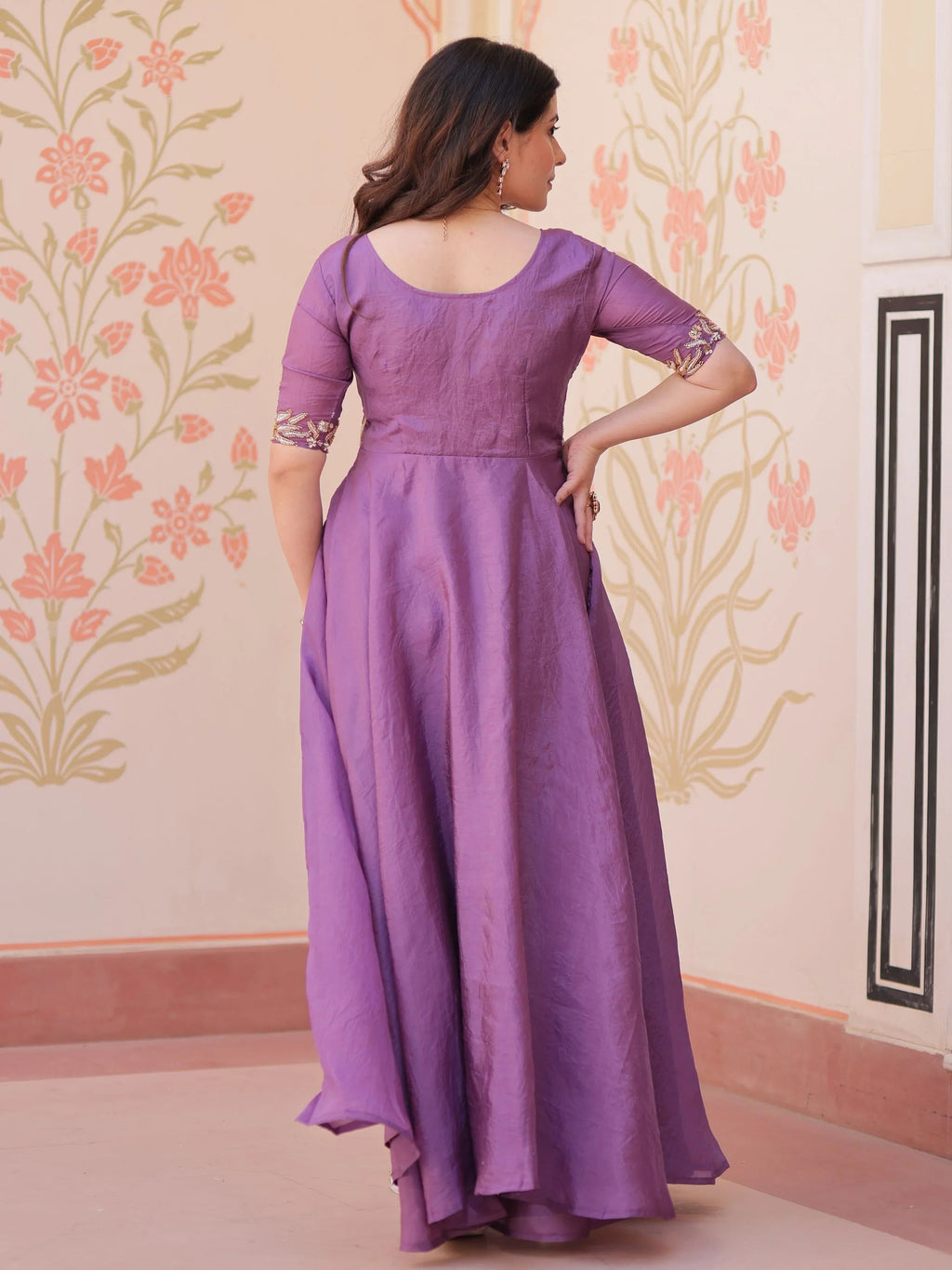 Purple gold crush umbrella flair gown with beads embroidery
