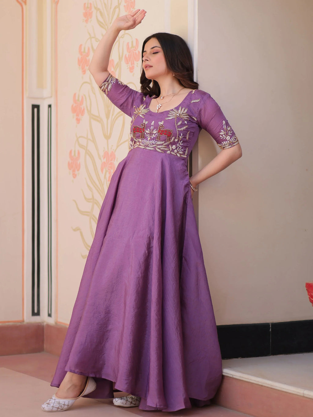 Purple gold crush umbrella flair gown with beads embroidery