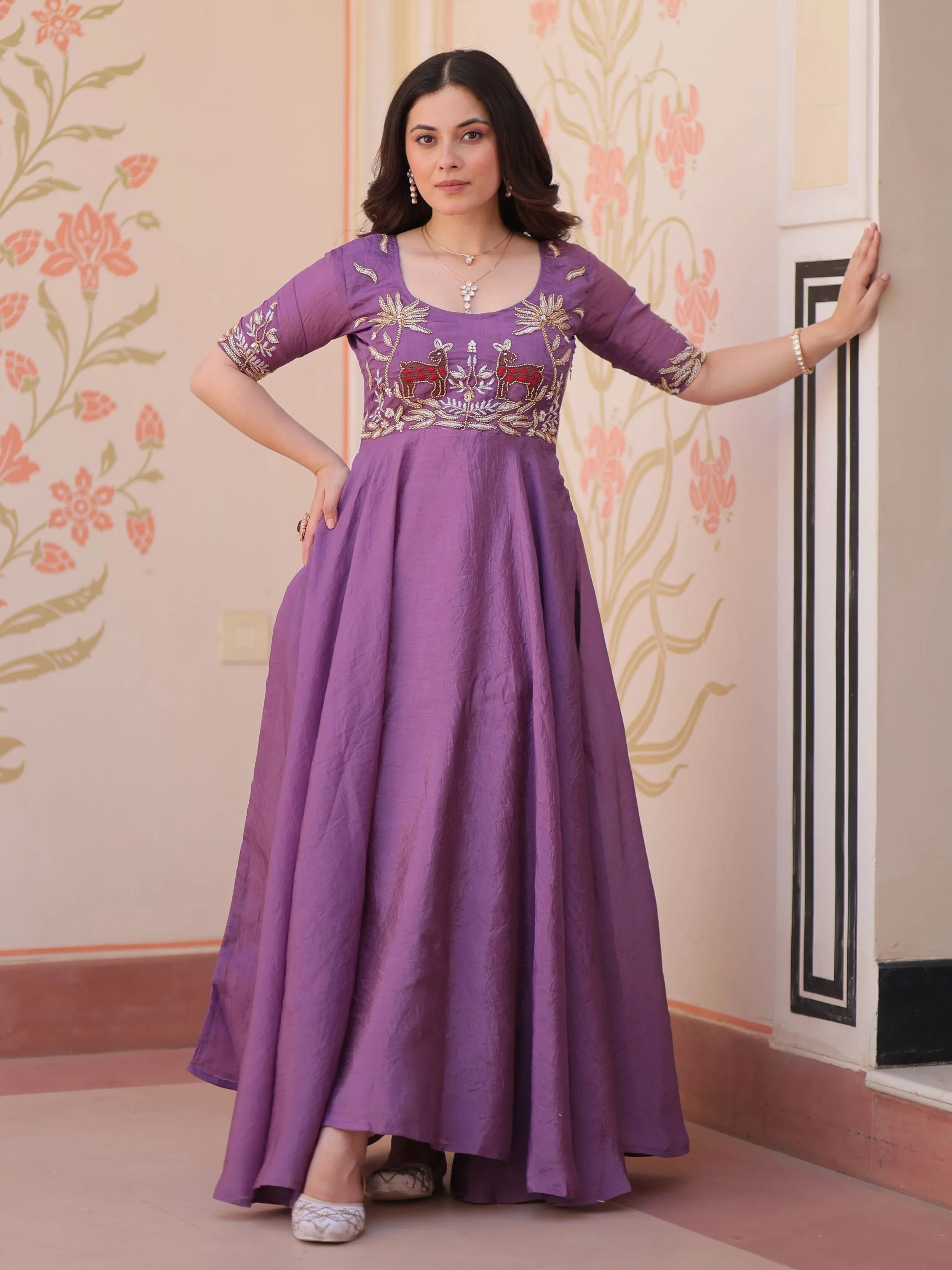 Purple gold crush umbrella flair gown with beads embroidery