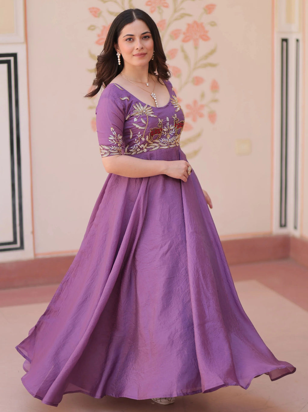Purple gold crush umbrella flair gown with beads embroidery