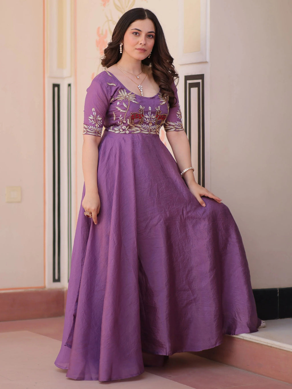 Purple gold crush umbrella flair gown with beads embroidery