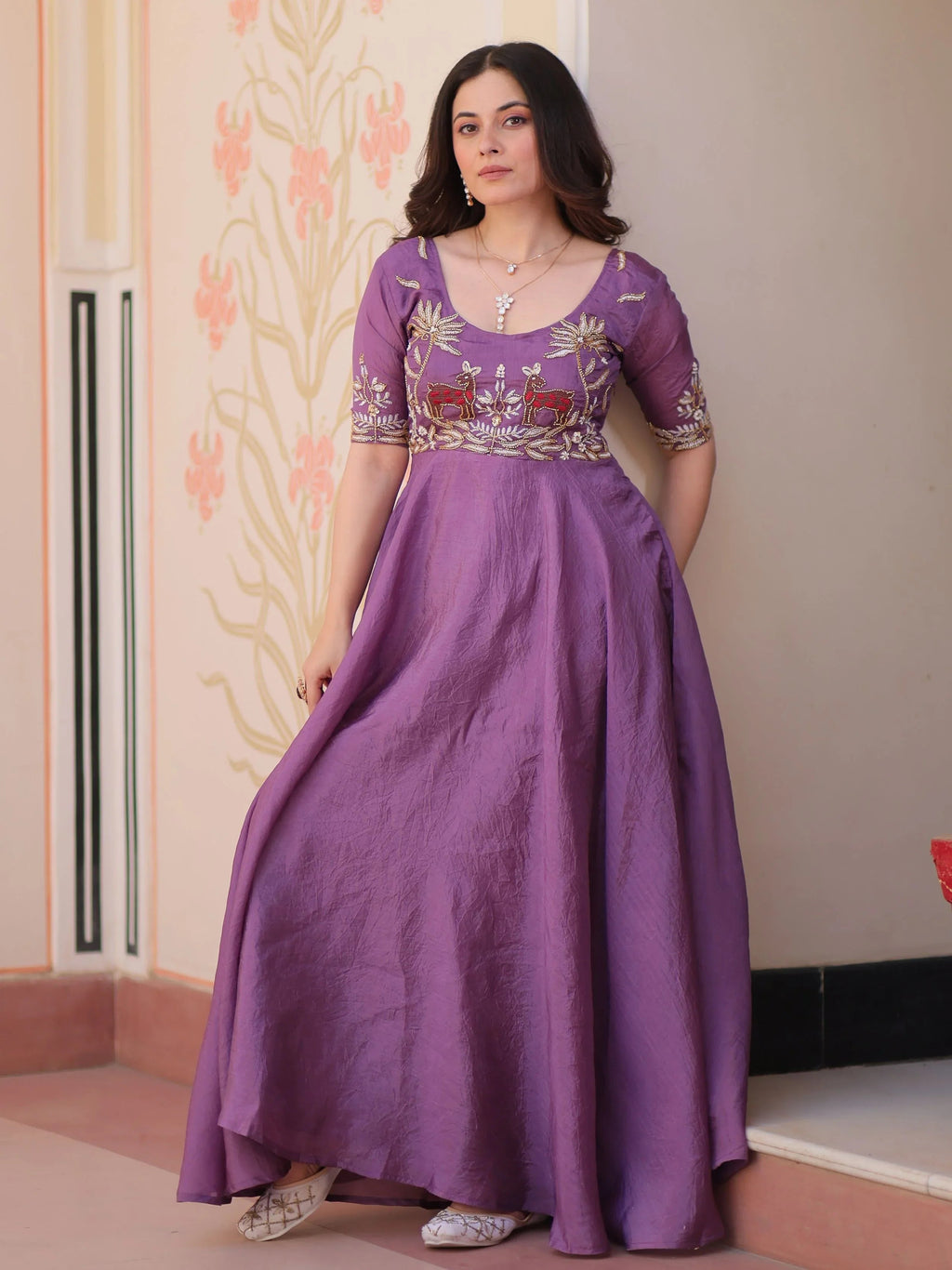 Purple gold crush umbrella flair gown with beads embroidery