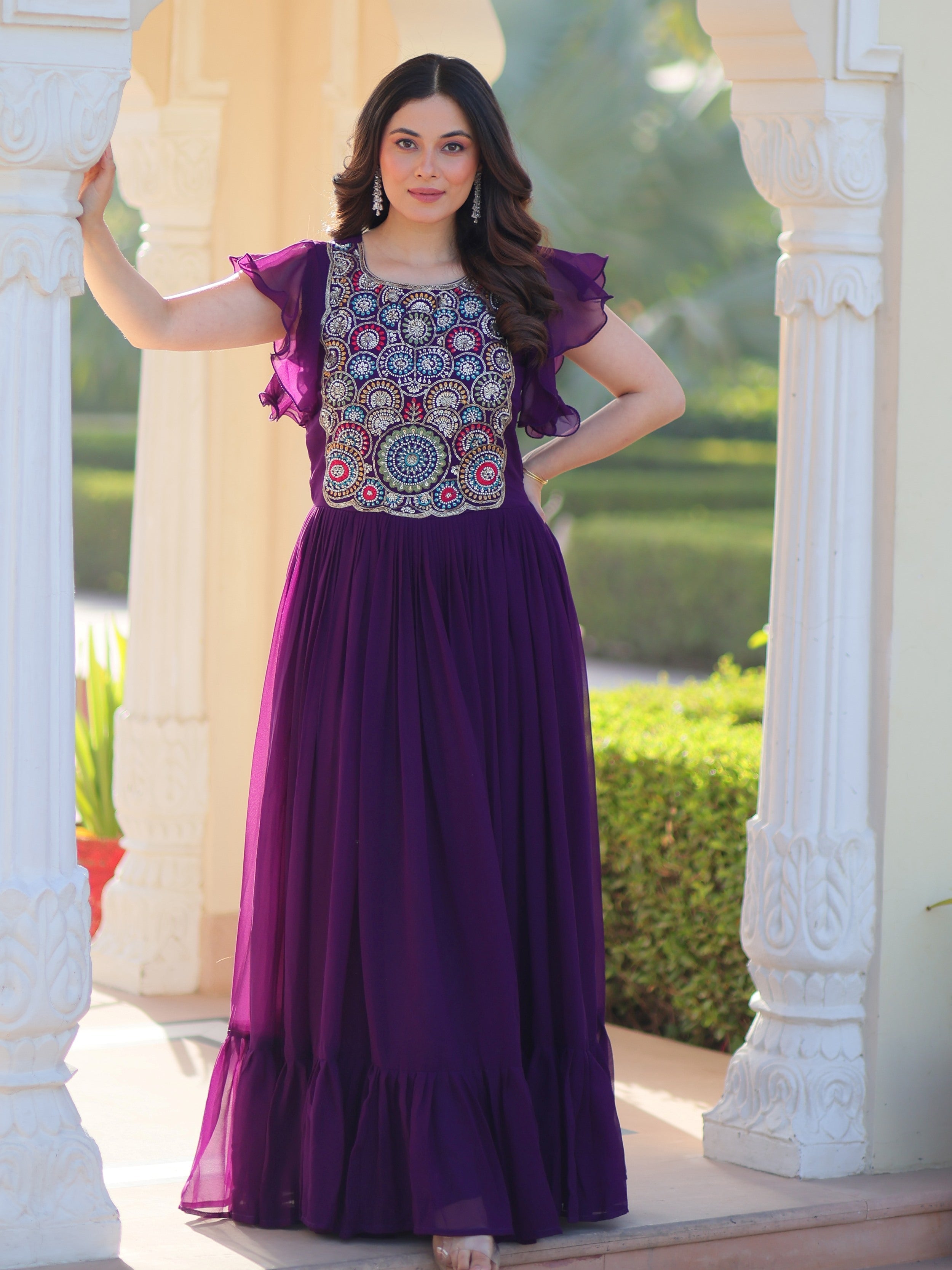 Purple georgette gown with multithread beads and sequins embroidery