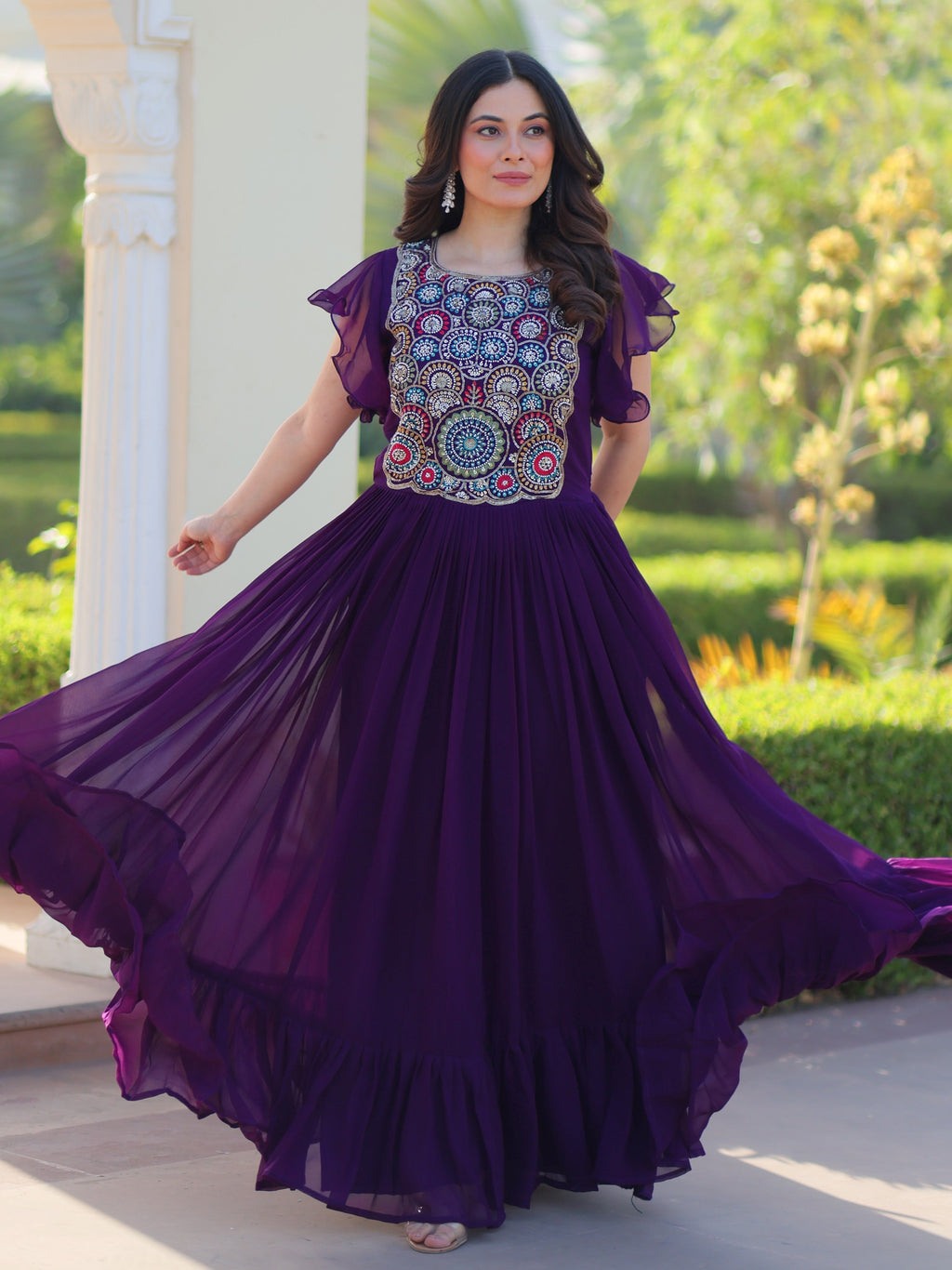 Purple georgette gown with multithread beads and sequins embroidery