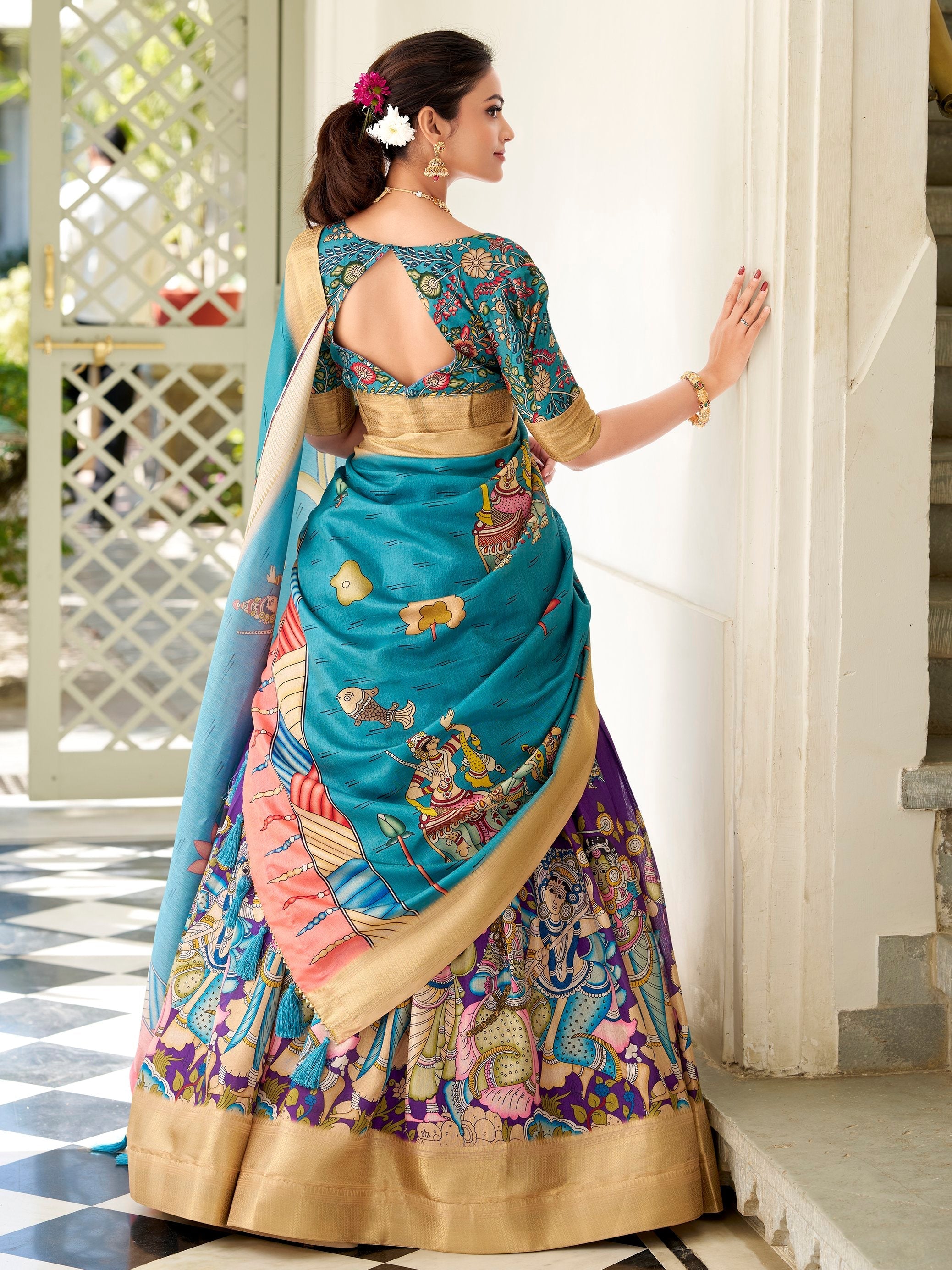 Purple dola silk kalamkari printed lehenga choli with dupatta