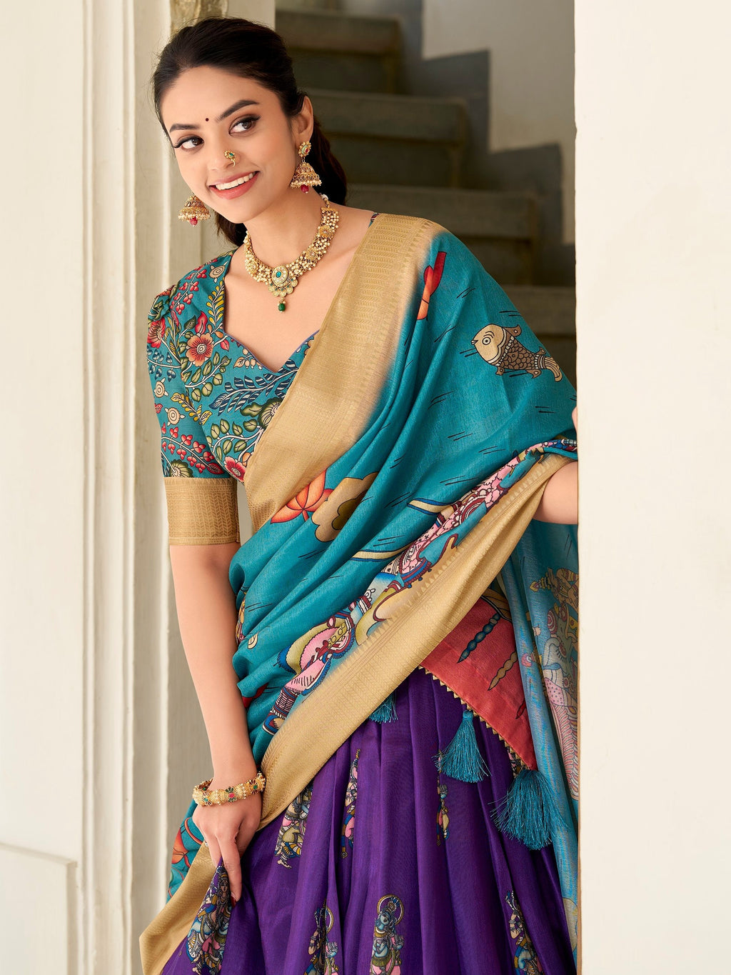 Purple dola silk kalamkari printed lehenga choli with dupatta
