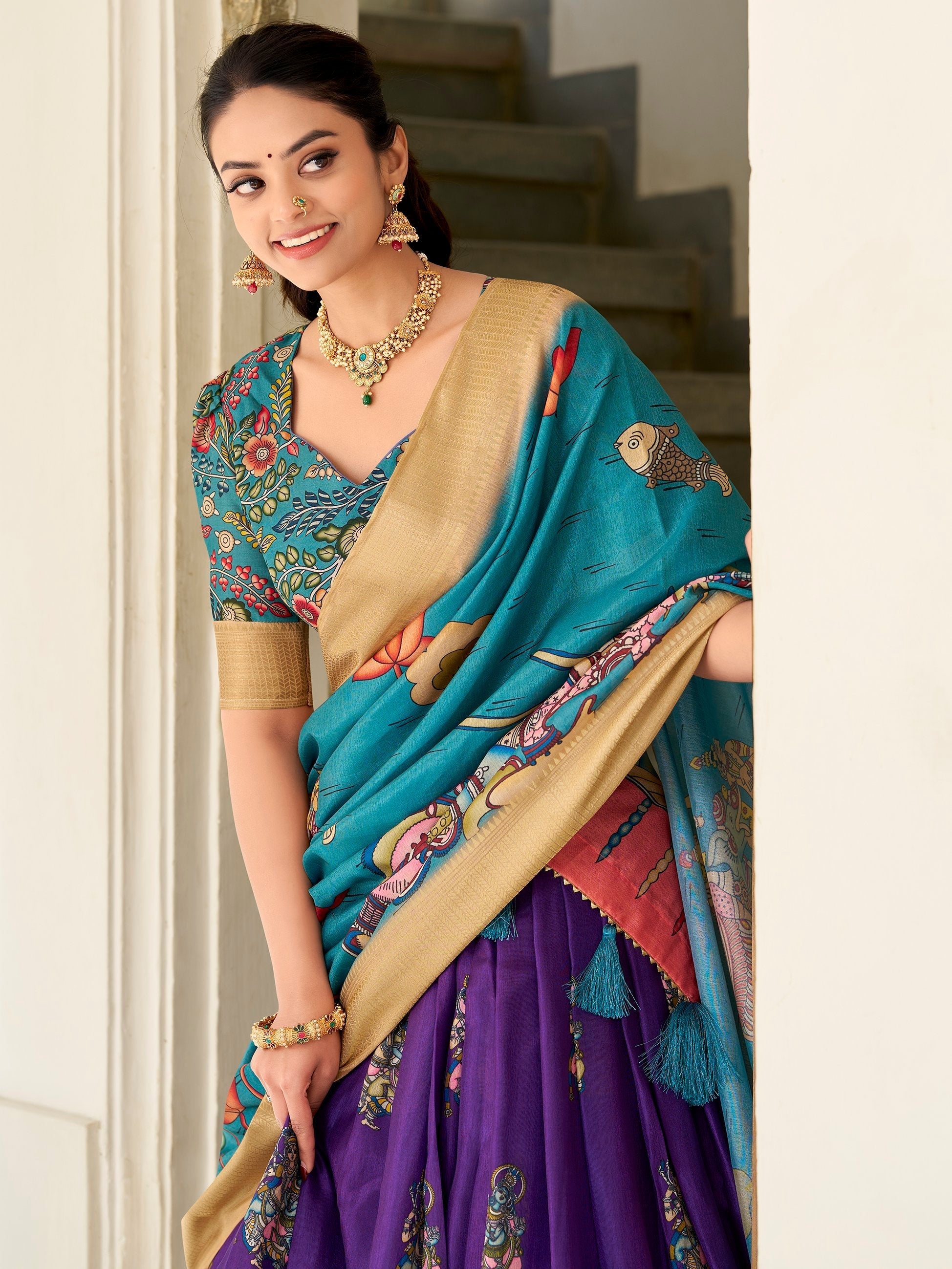 Purple dola silk kalamkari printed lehenga choli with dupatta