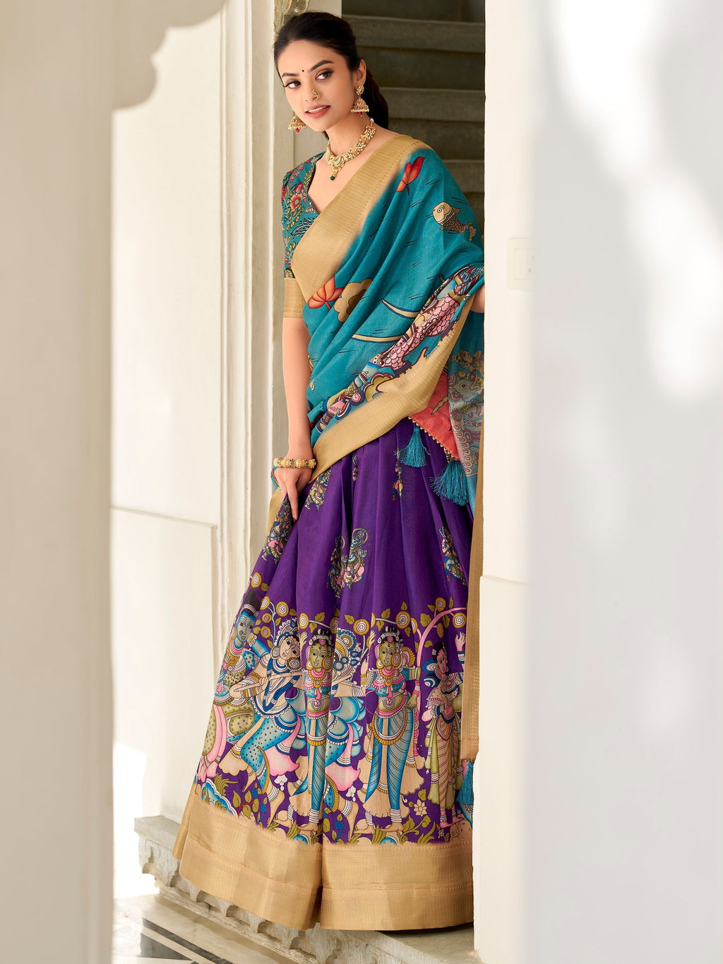 Purple dola silk kalamkari printed lehenga choli with dupatta