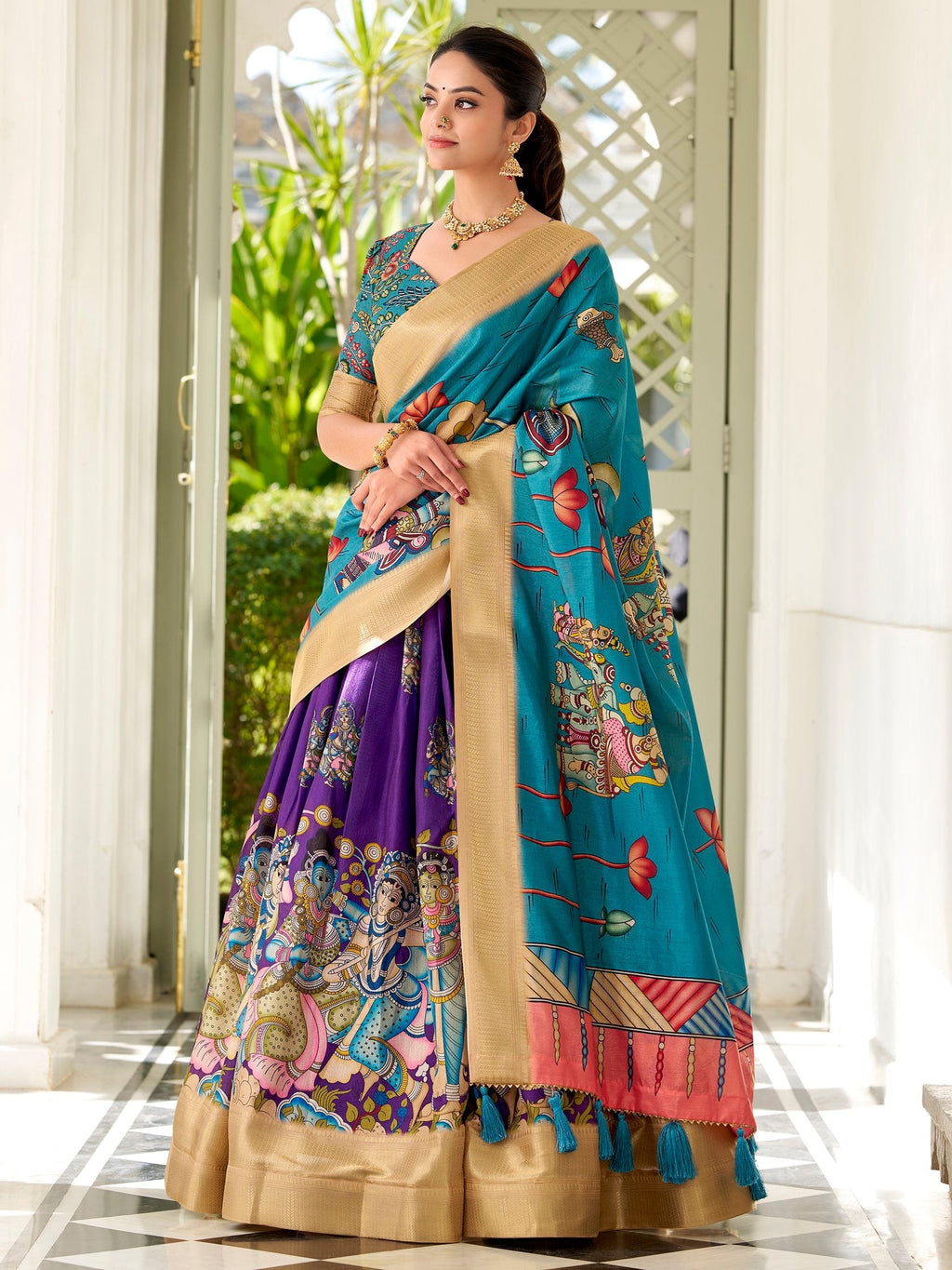 Purple dola silk kalamkari printed lehenga choli with dupatta