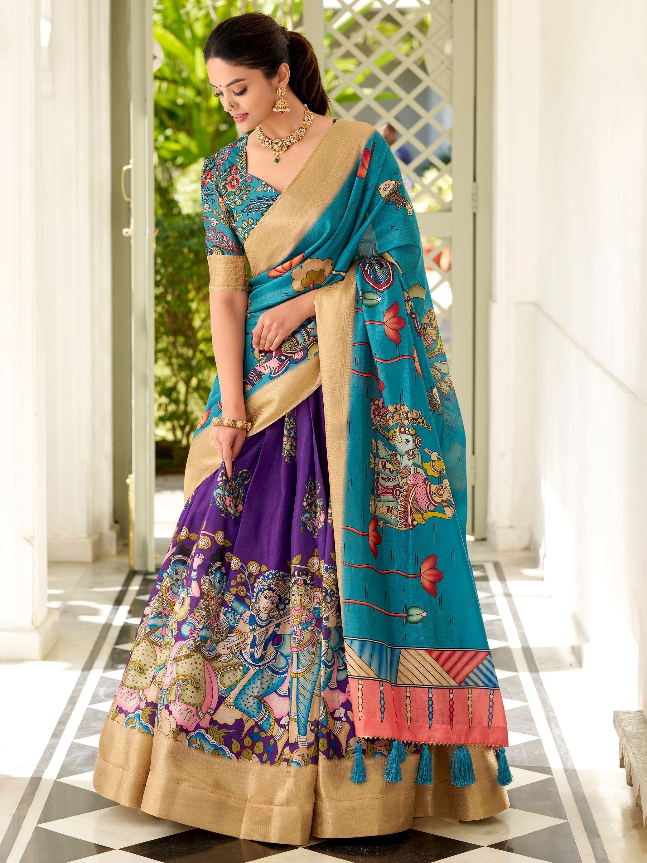 Purple dola silk kalamkari printed lehenga choli with dupatta