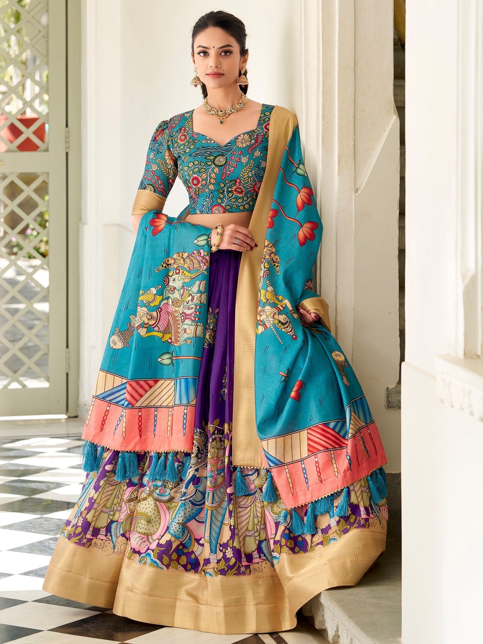 Purple dola silk kalamkari printed lehenga choli with dupatta