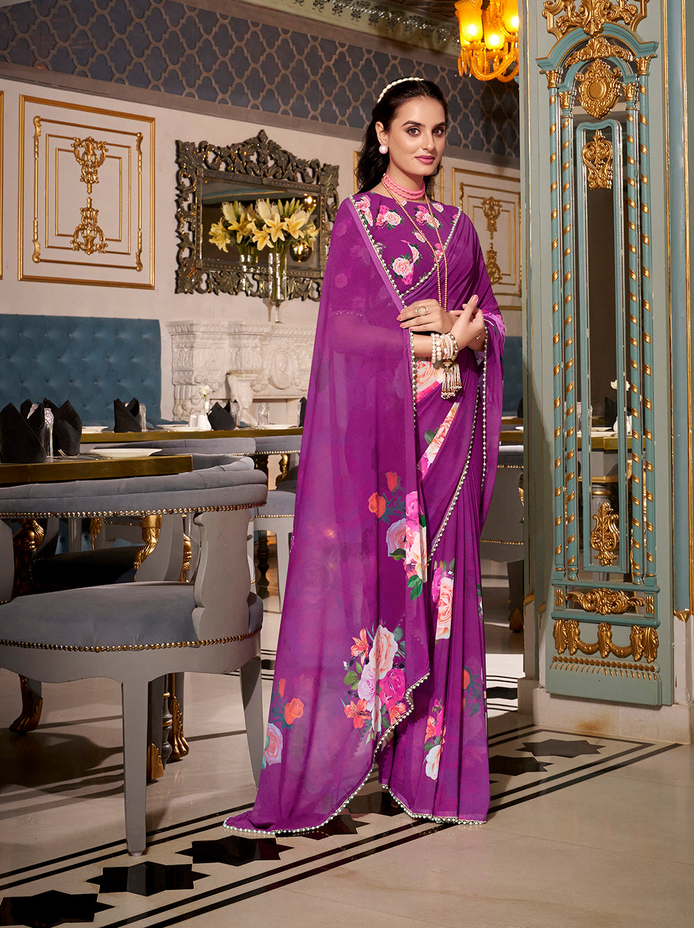 Purple georgette printed saree with pearl lace border