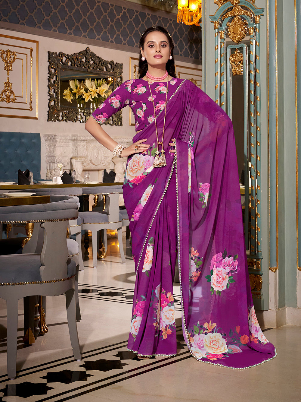 Purple georgette printed saree with pearl lace border