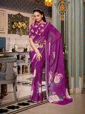 Purple georgette printed saree with pearl lace border