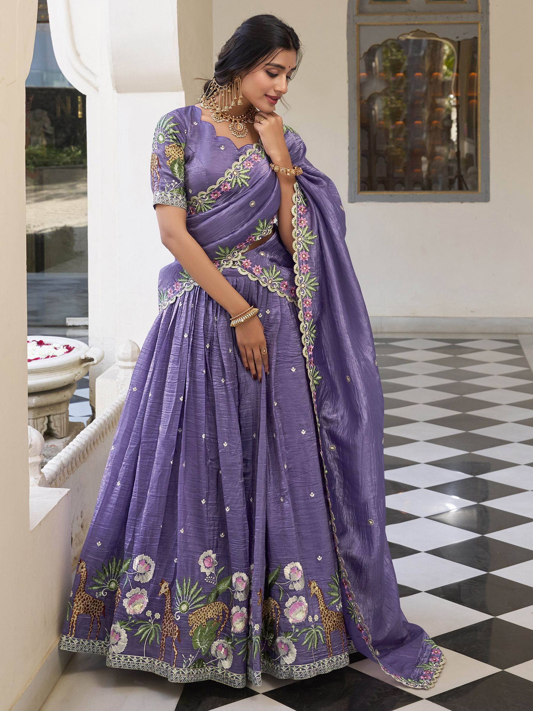 Purple sequins thread embroidered gold crush lehenga choli for wedding functions