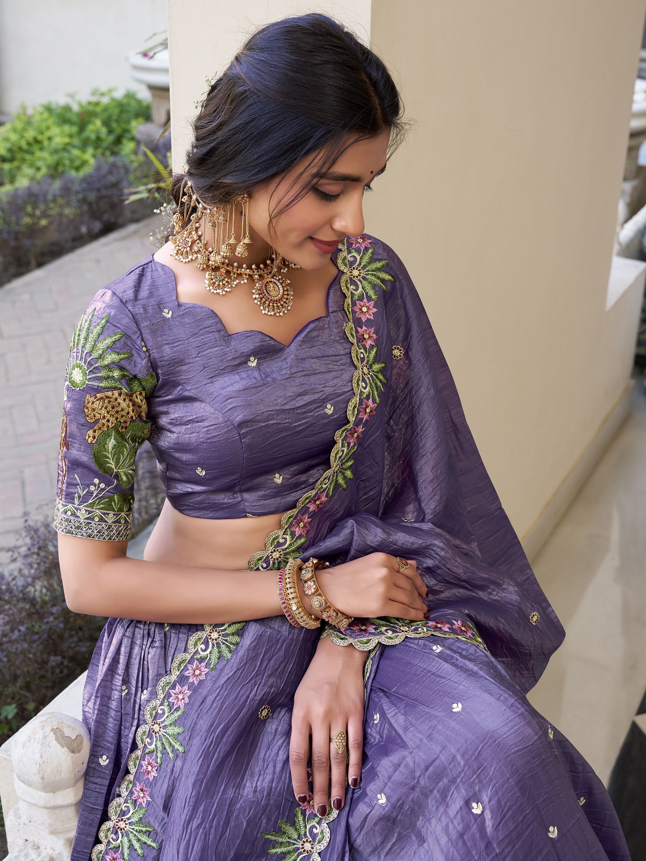 Purple sequins thread embroidered gold crush lehenga choli for wedding functions
