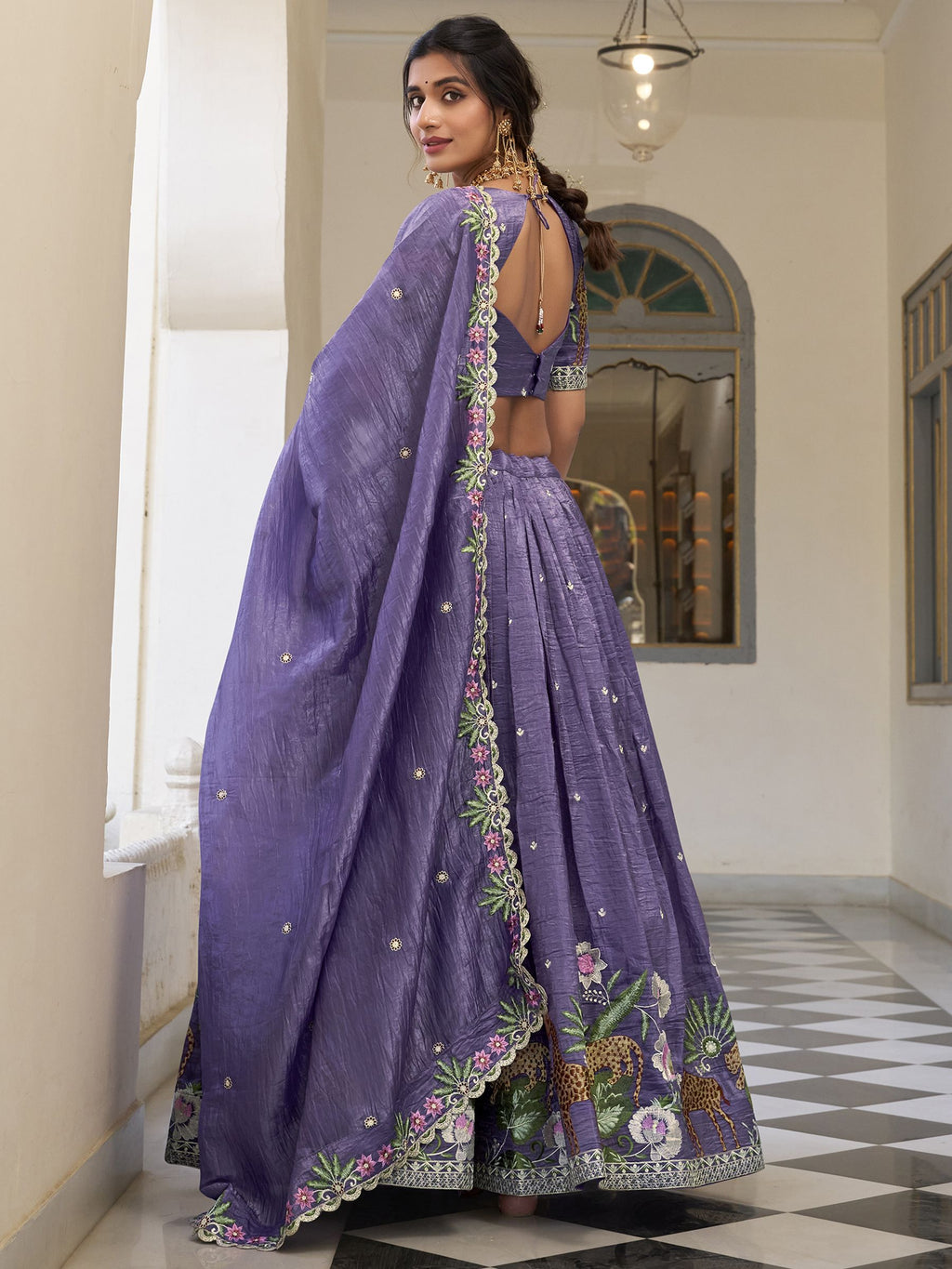 Purple sequins thread embroidered gold crush lehenga choli for wedding functions
