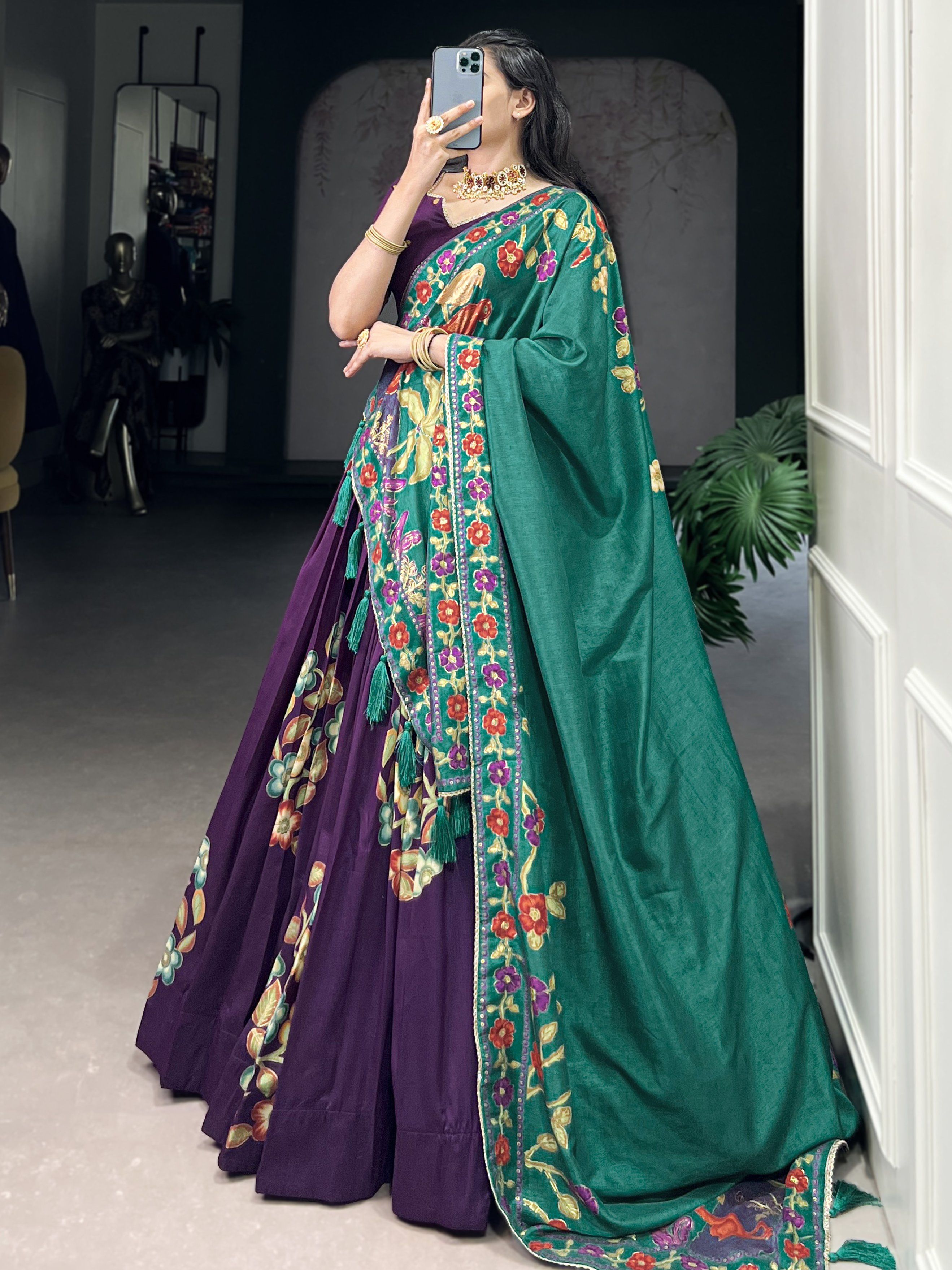 Purple tussar silk printed and foil work lehenga choli