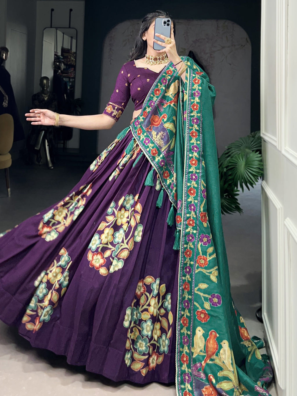 Purple tussar silk printed and foil work lehenga choli