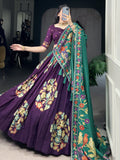 Purple tussar silk printed and foil work lehenga choli
