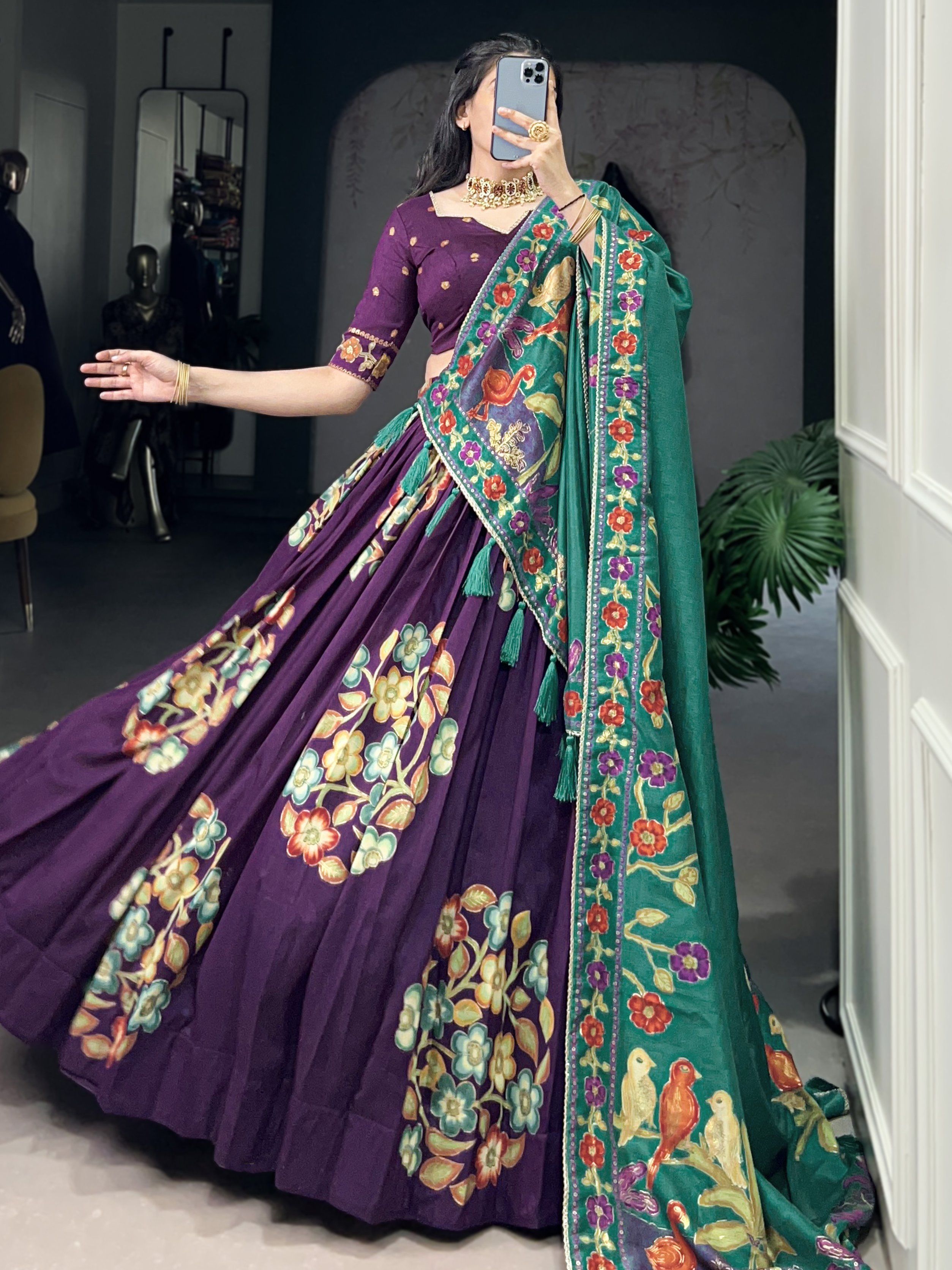 Purple tussar silk printed and foil work lehenga choli