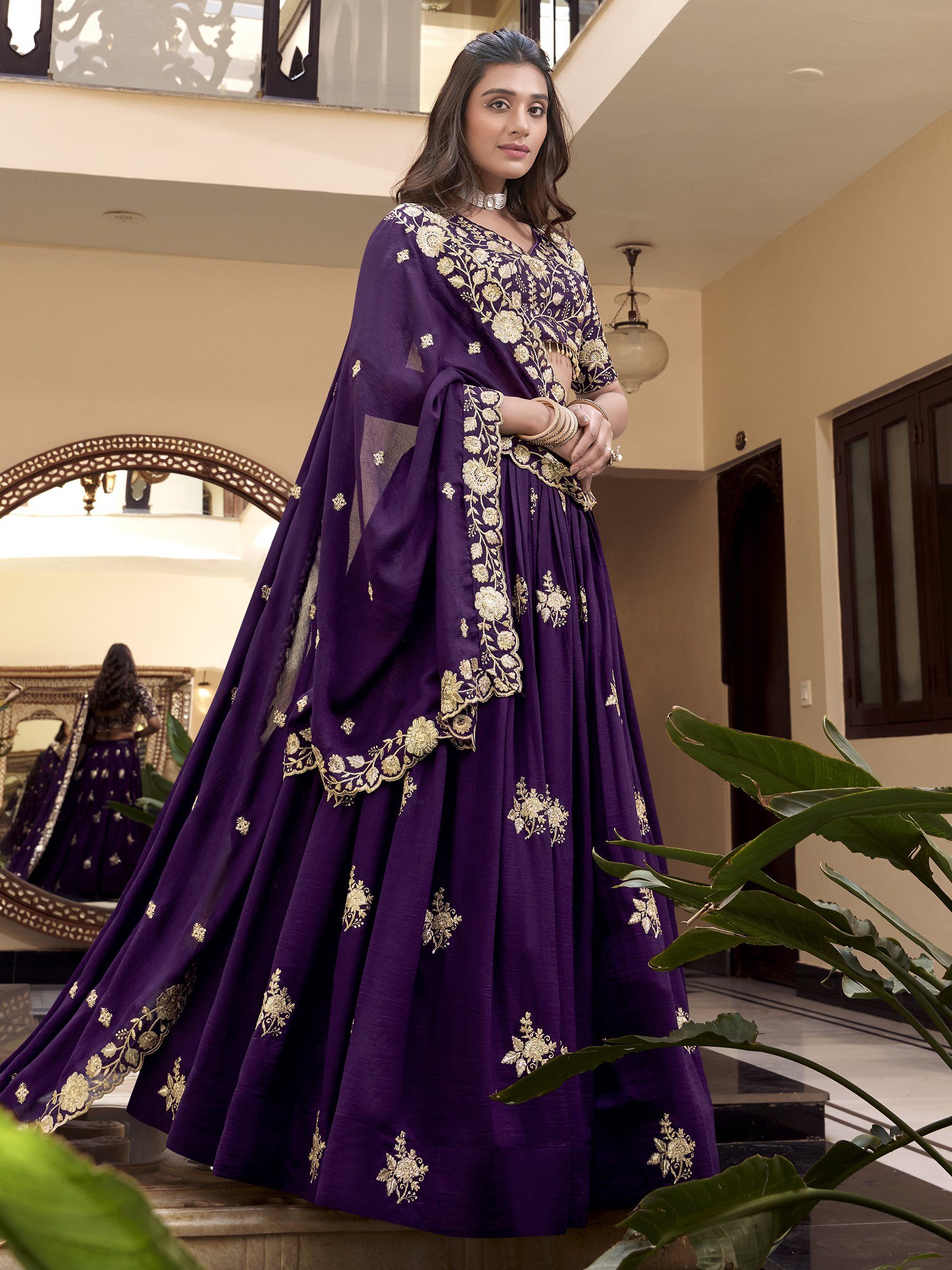 Purple Vichitra Silk Lehenga Choli with Pearl, Coding, and Sequins Embroidery Work 