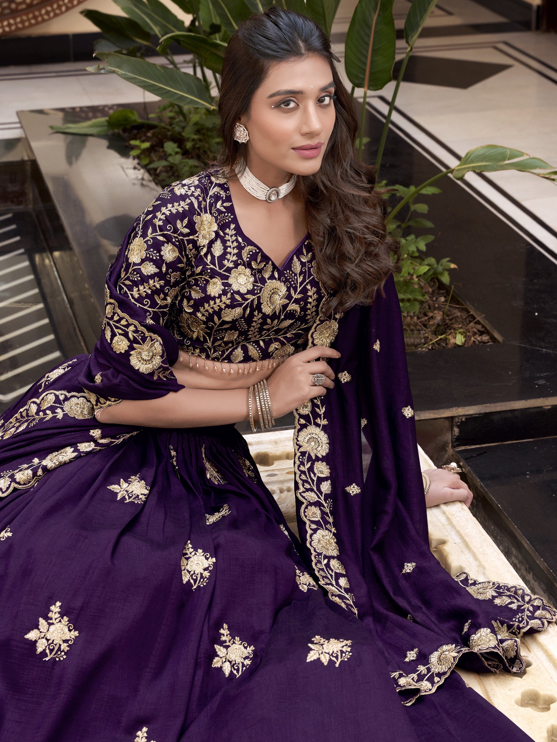 Purple Vichitra Silk Lehenga Choli with Pearl, Coding, and Sequins Embroidery Work 