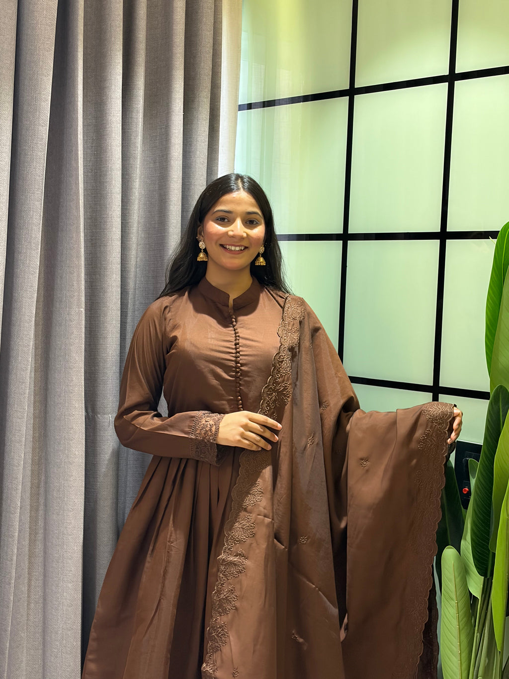 Elegant Roman Silk Gown with Lace Border Pant & Embroidered Dupatta Set
