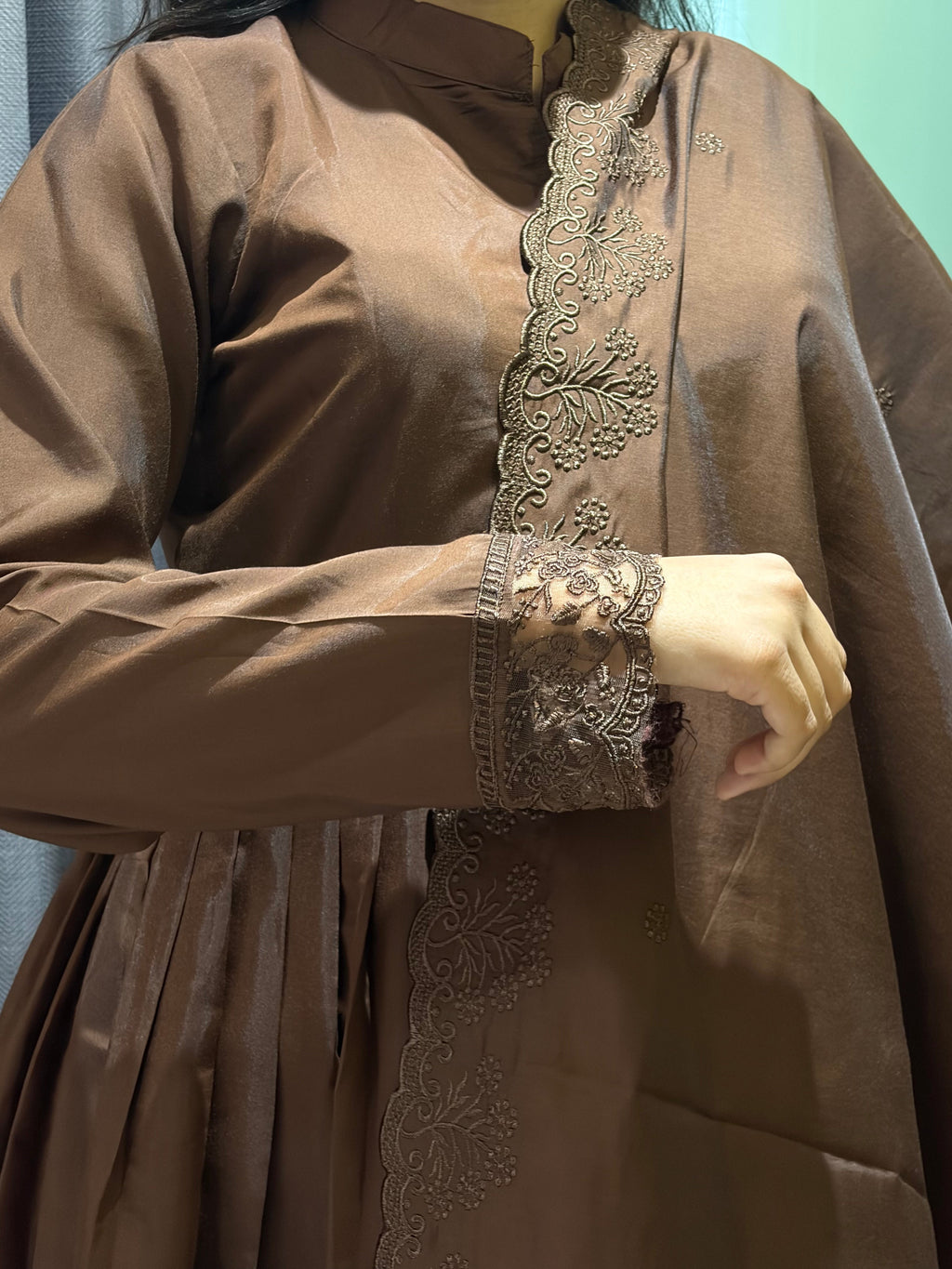 Elegant Roman Silk Gown with Lace Border Pant & Embroidered Dupatta Set