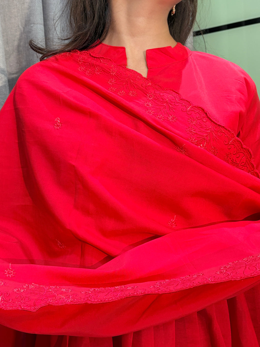 Elegant Roman Silk Gown with Lace Border Pant & Embroidered Dupatta Set