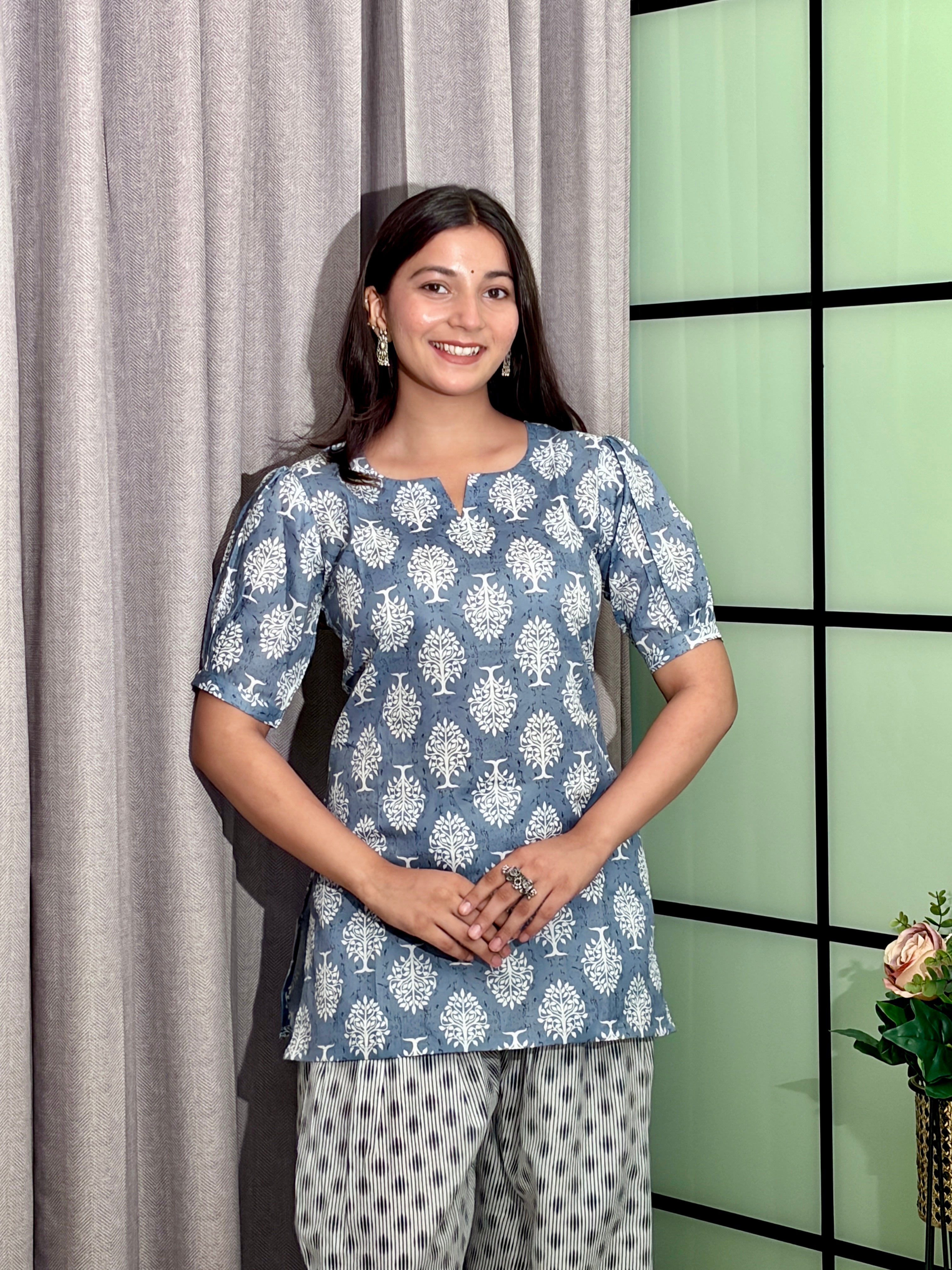 Printed Banana Silk Cotton Short Kurti-Farsi Salwar Set