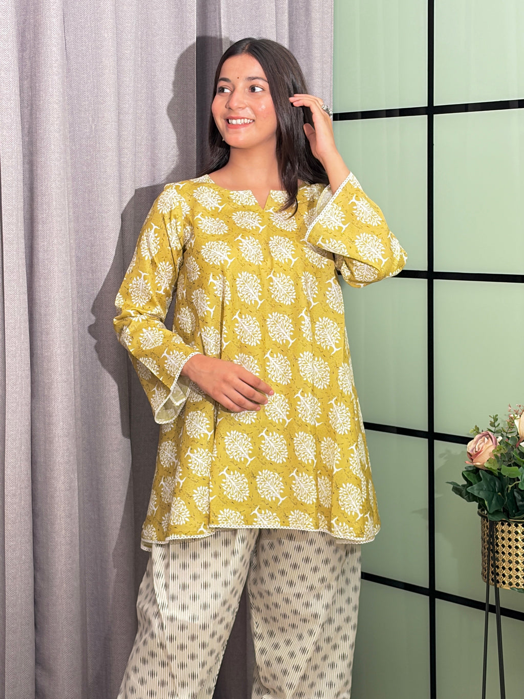 Printed Banana Silk Cotton Short Kurti-Farsi Salwar Set