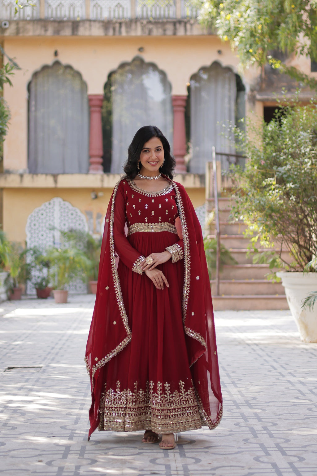 Raima maroon embroidered flair anarkali gown set