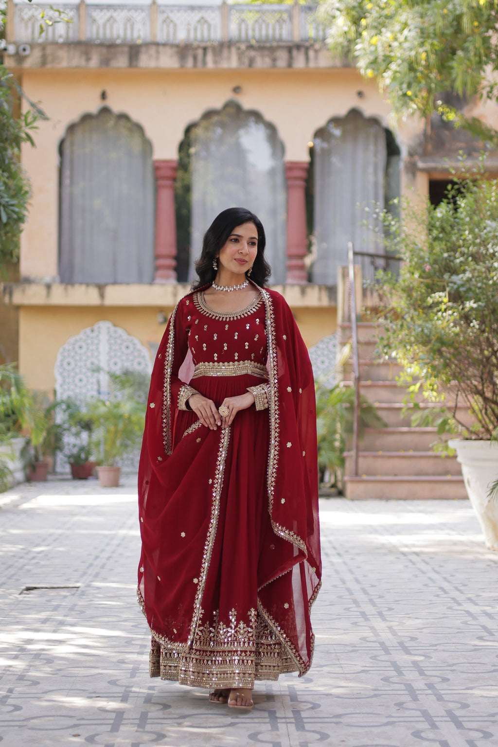 Raima maroon embroidered flair anarkali gown set