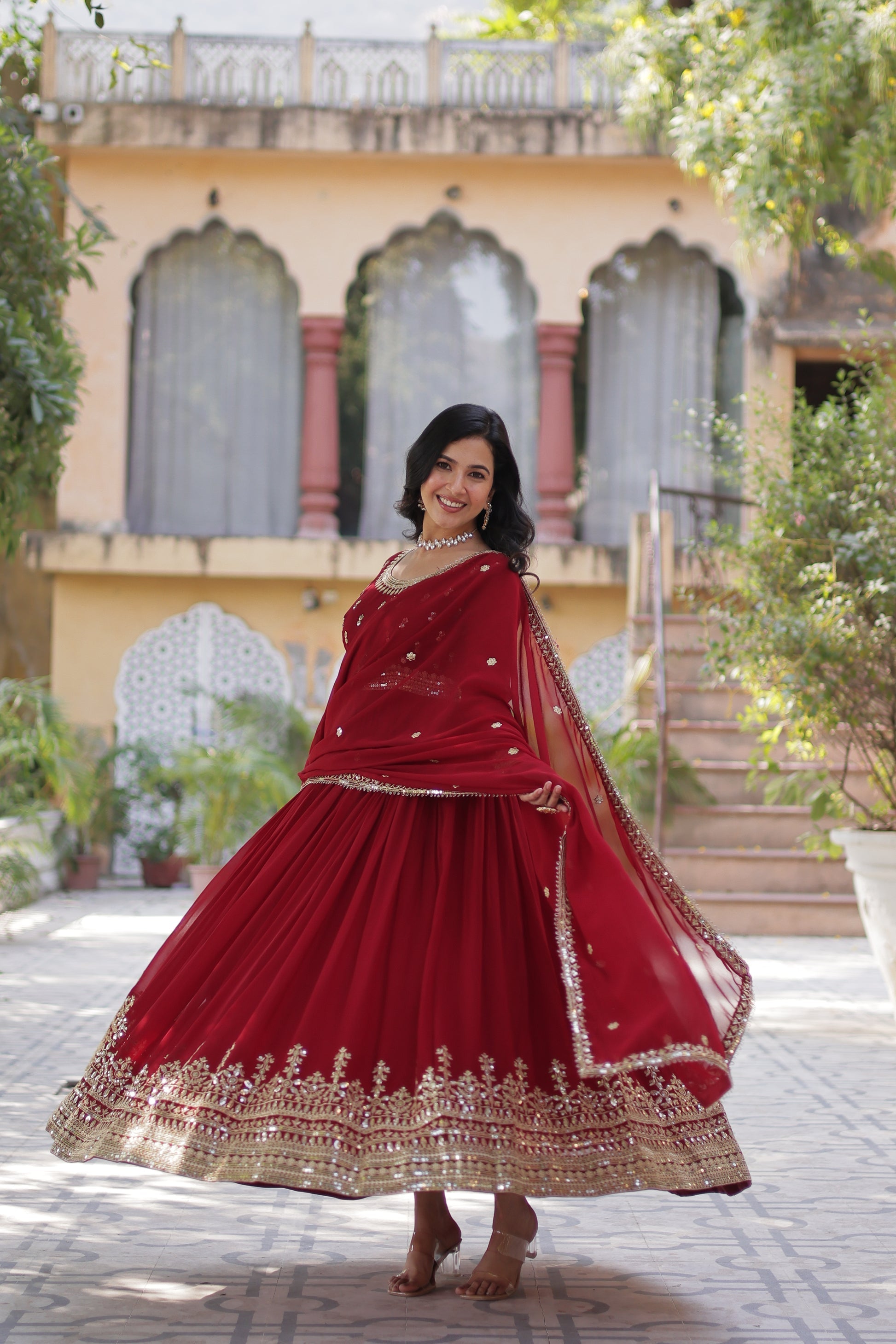 Raima maroon embroidered flair anarkali gown set