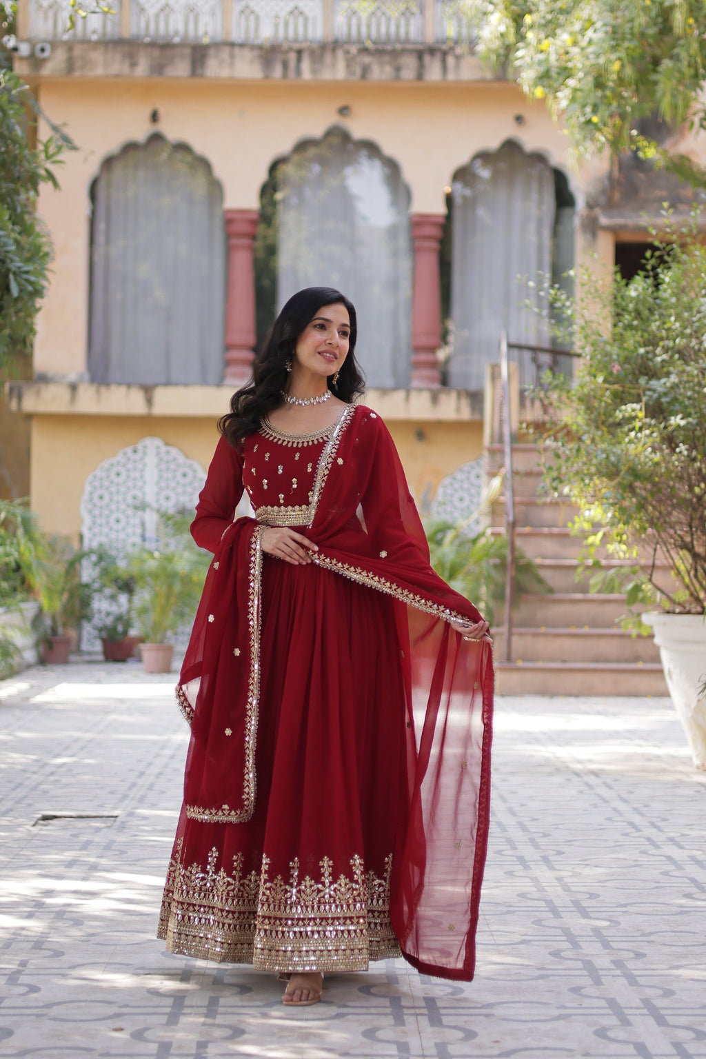 Raima maroon embroidered flair anarkali gown set