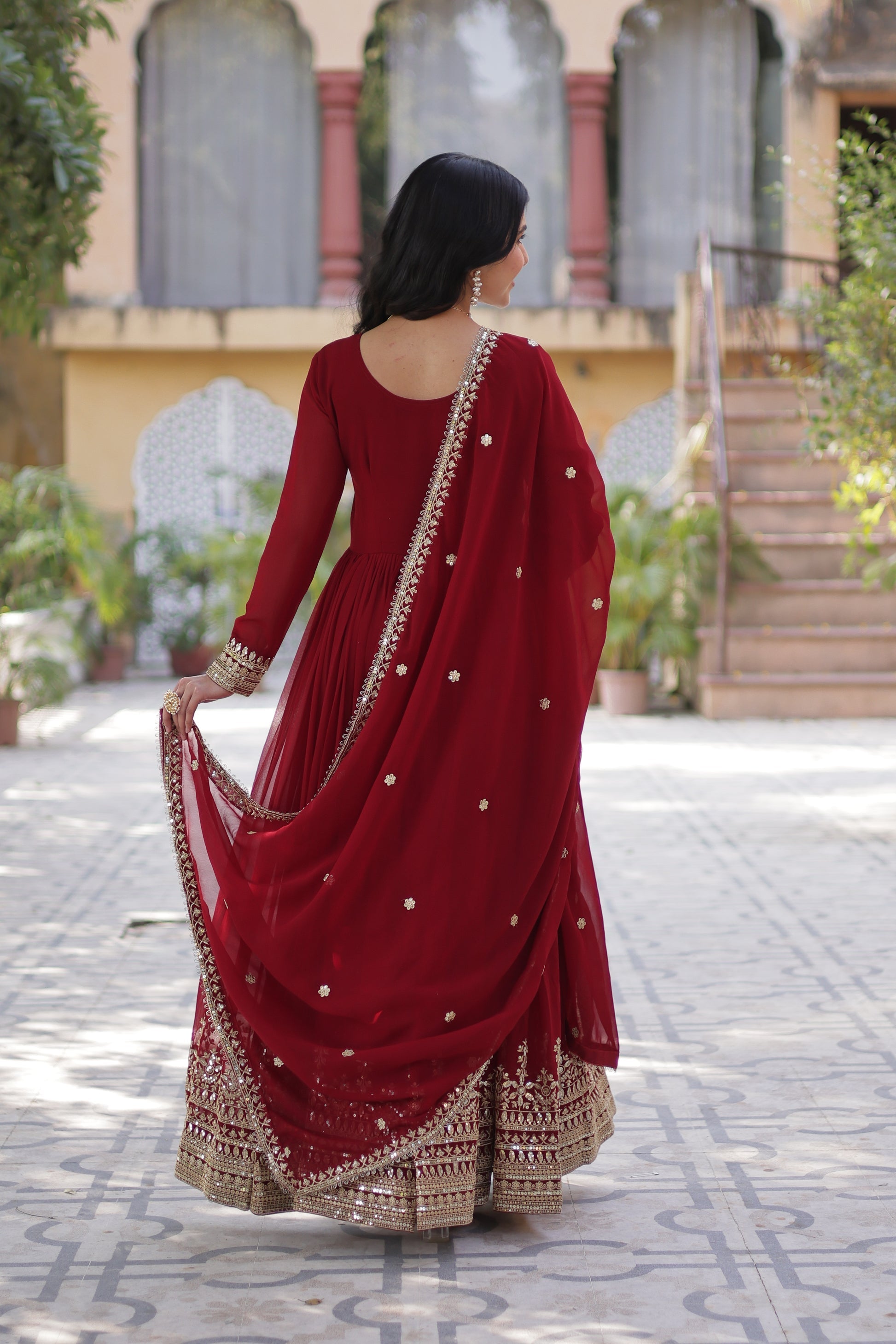 Raima maroon embroidered flair anarkali gown set