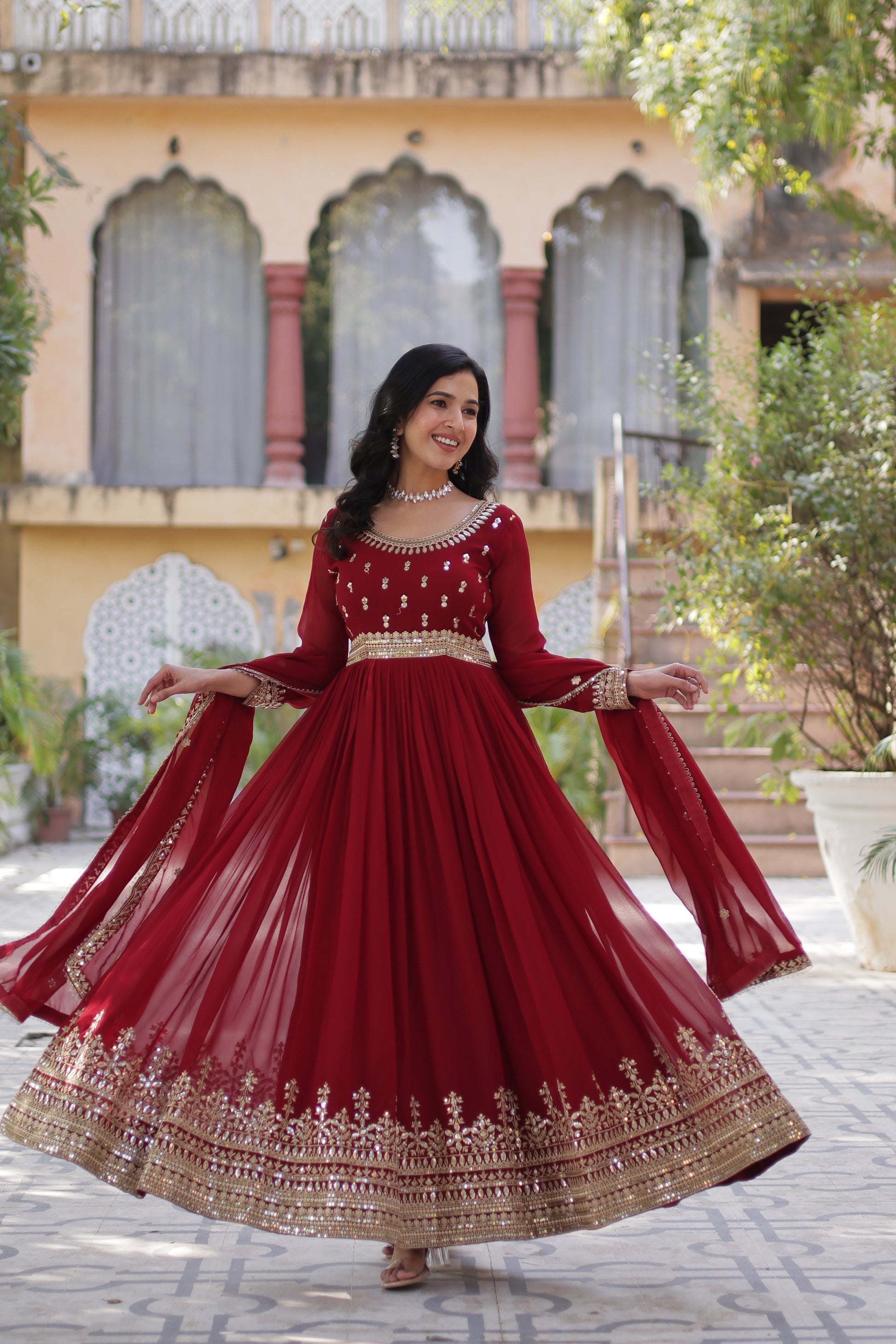 Raima maroon embroidered flair anarkali gown set