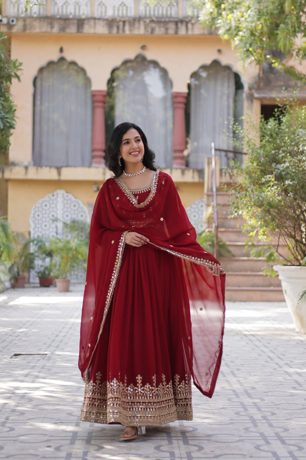 Raima maroon embroidered flair anarkali gown set