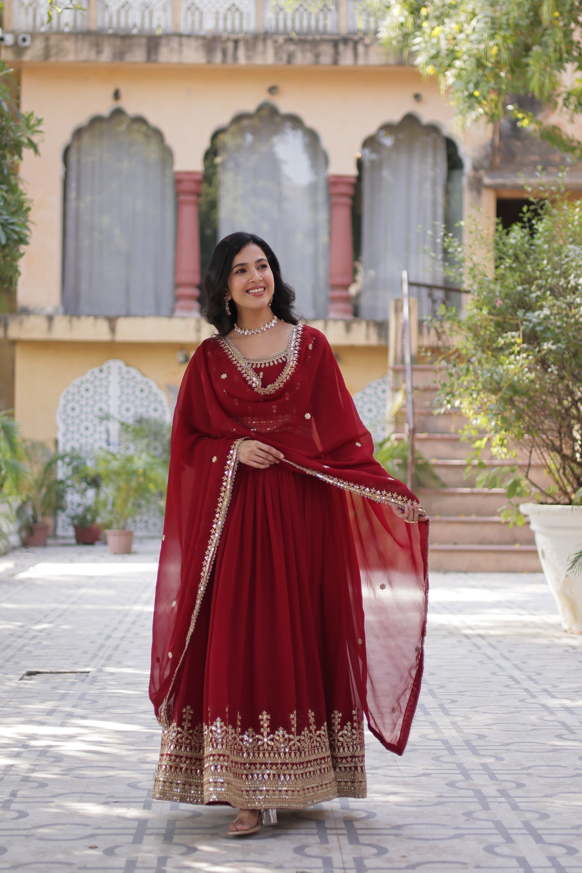 Raima maroon embroidered flair anarkali gown set