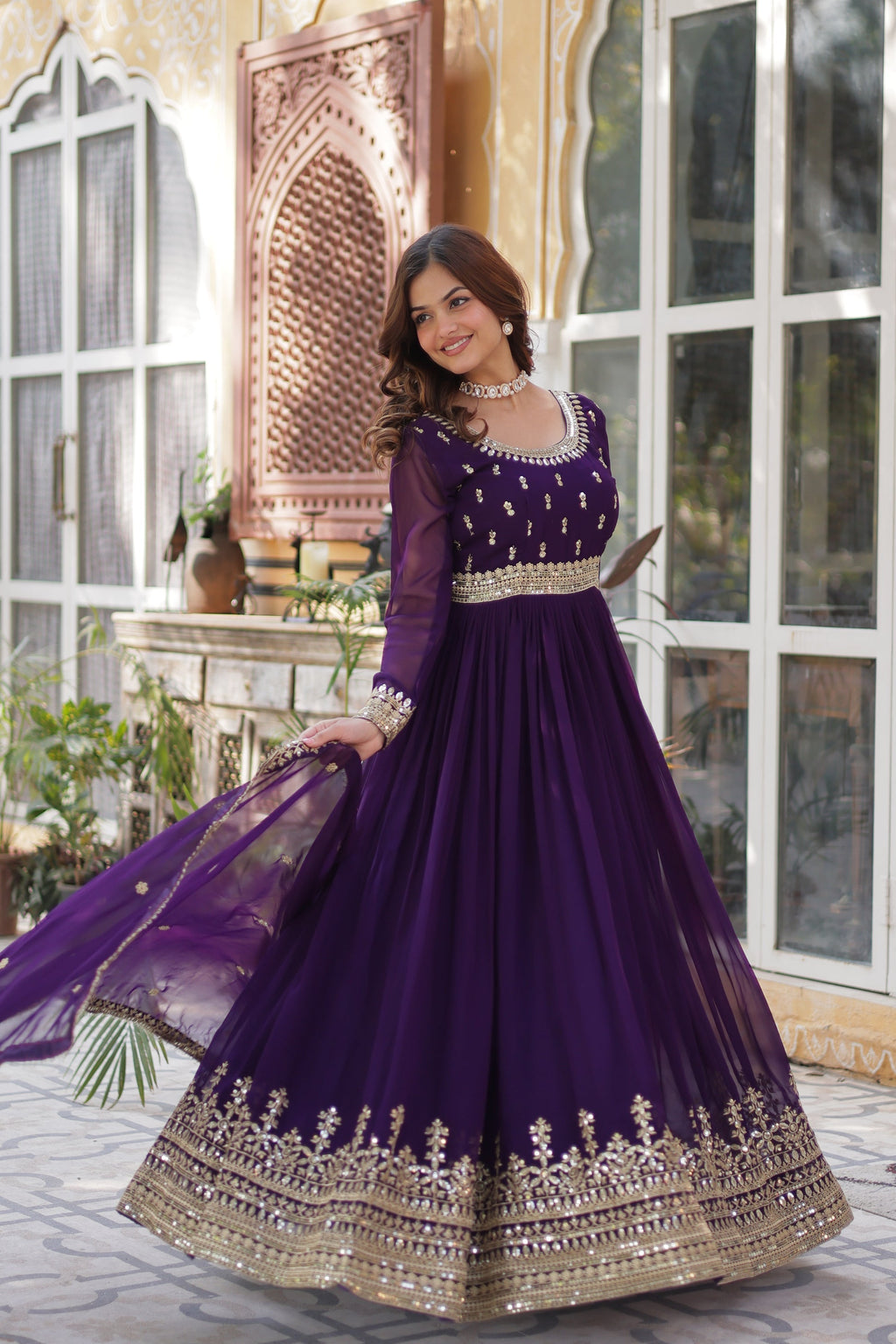 Raima purple embroidered flair anarkali gown set