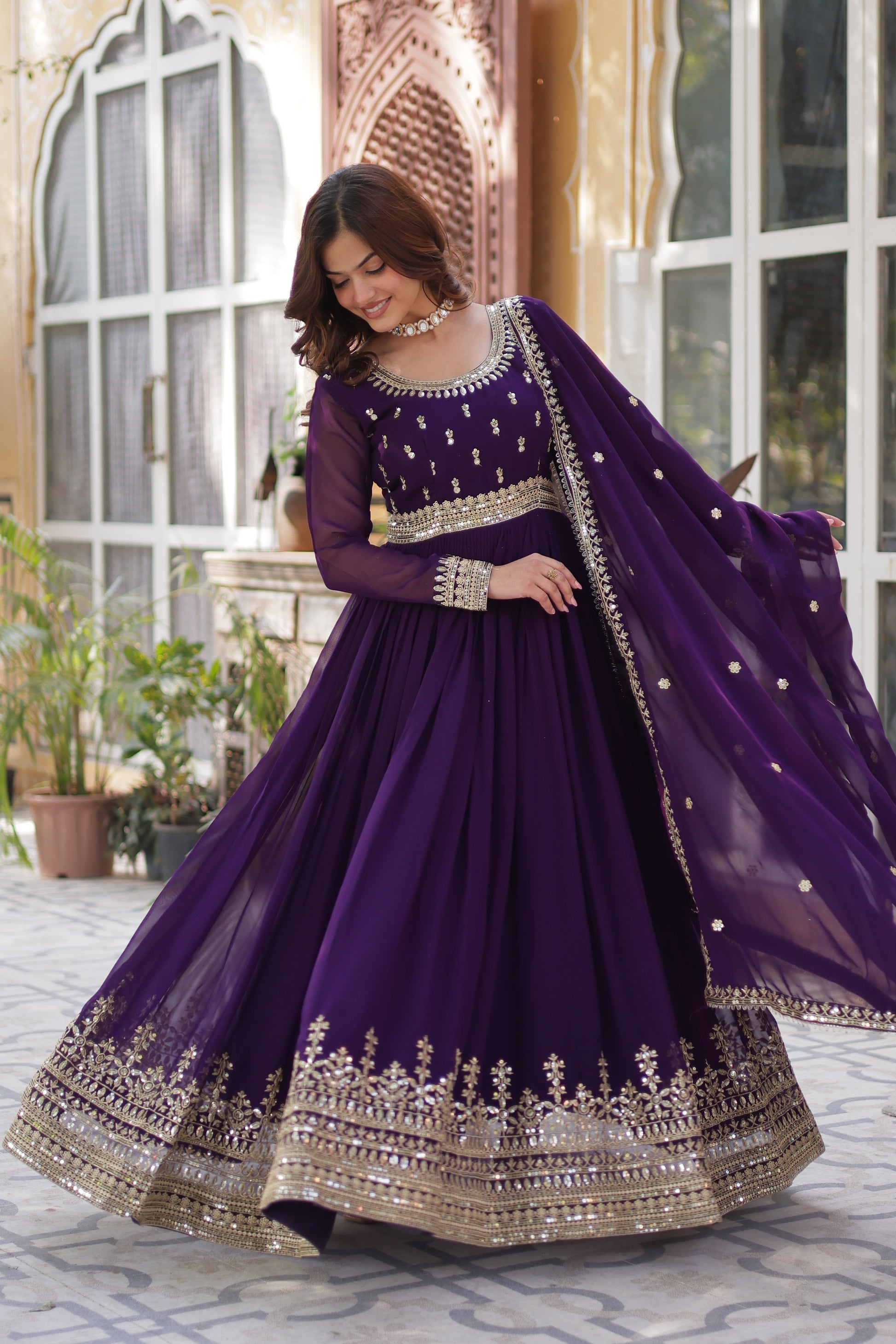 Raima purple embroidered flair anarkali gown set