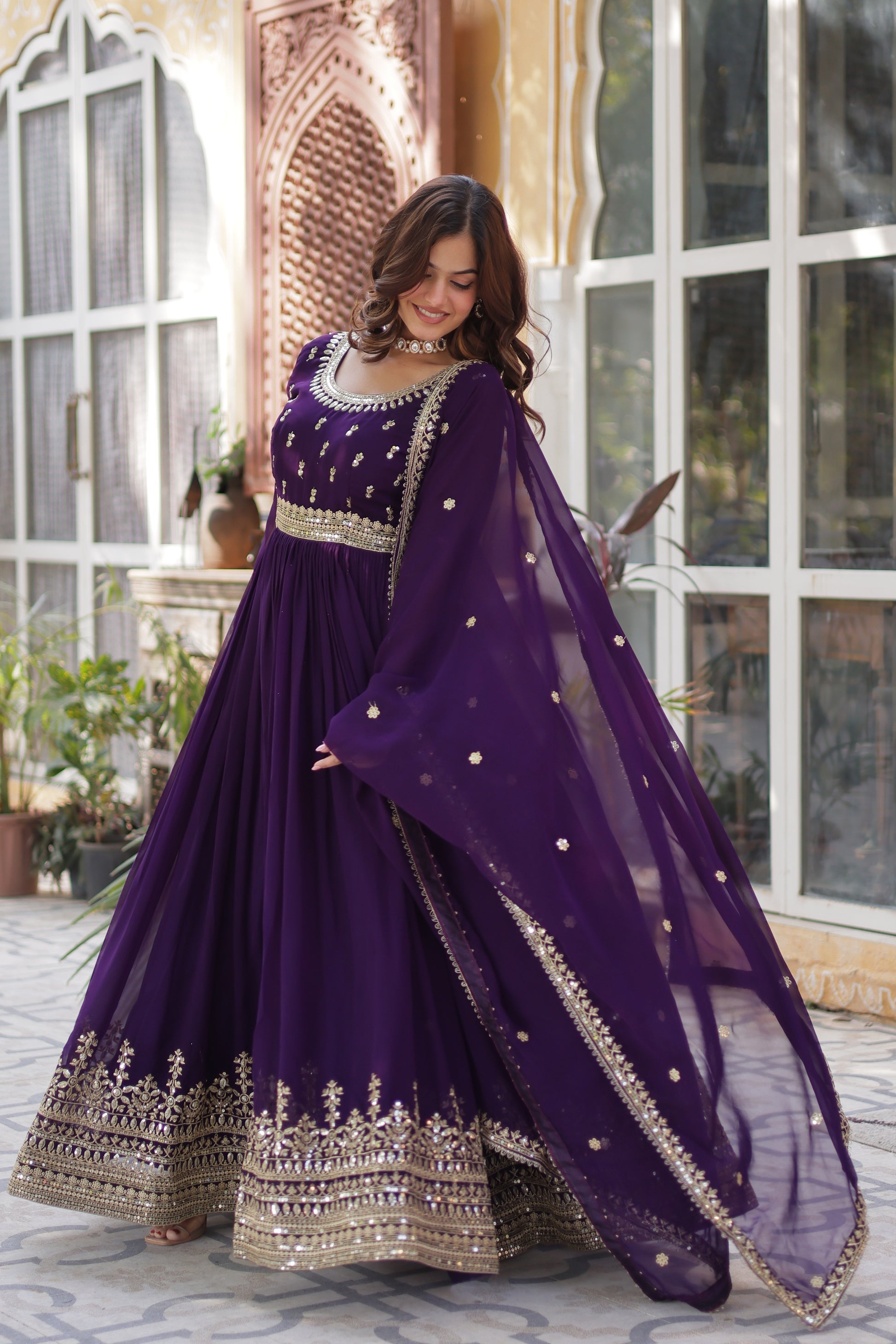 Raima purple embroidered flair anarkali gown set