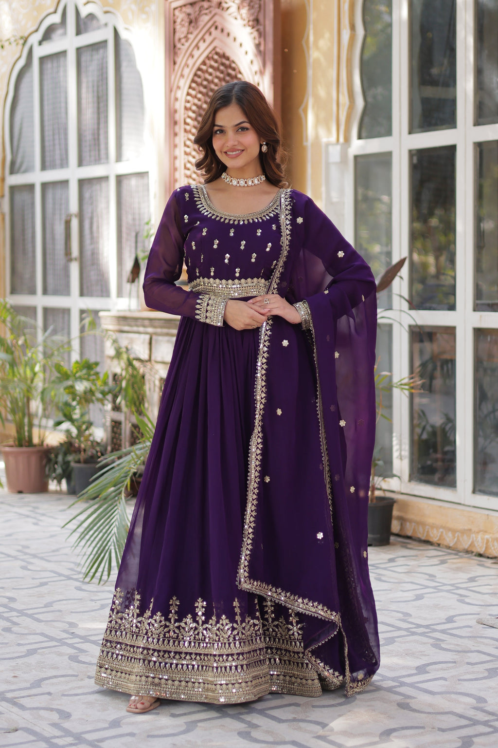 Raima purple embroidered flair anarkali gown set